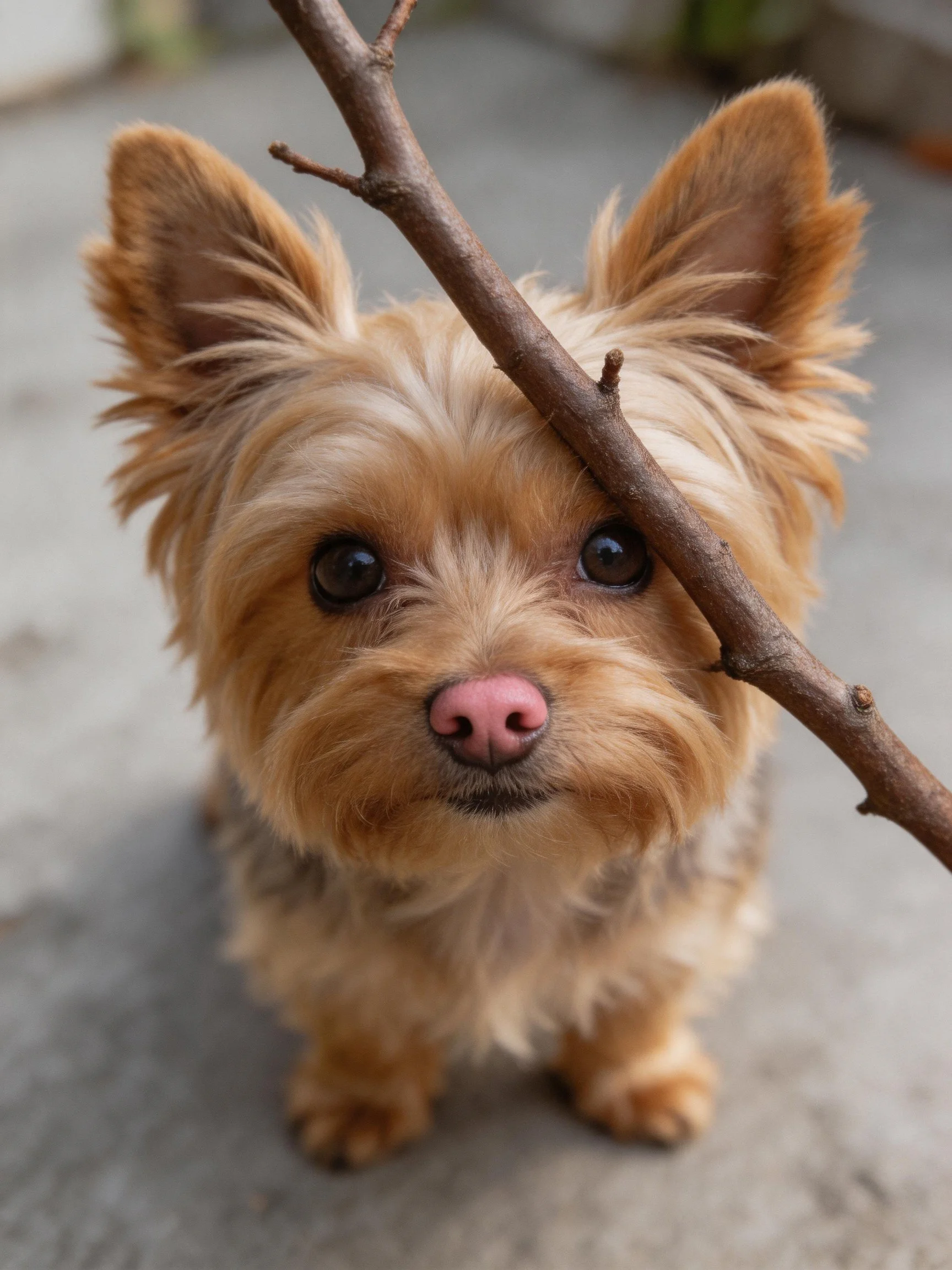 A small brown dog gazes upward near a branch.