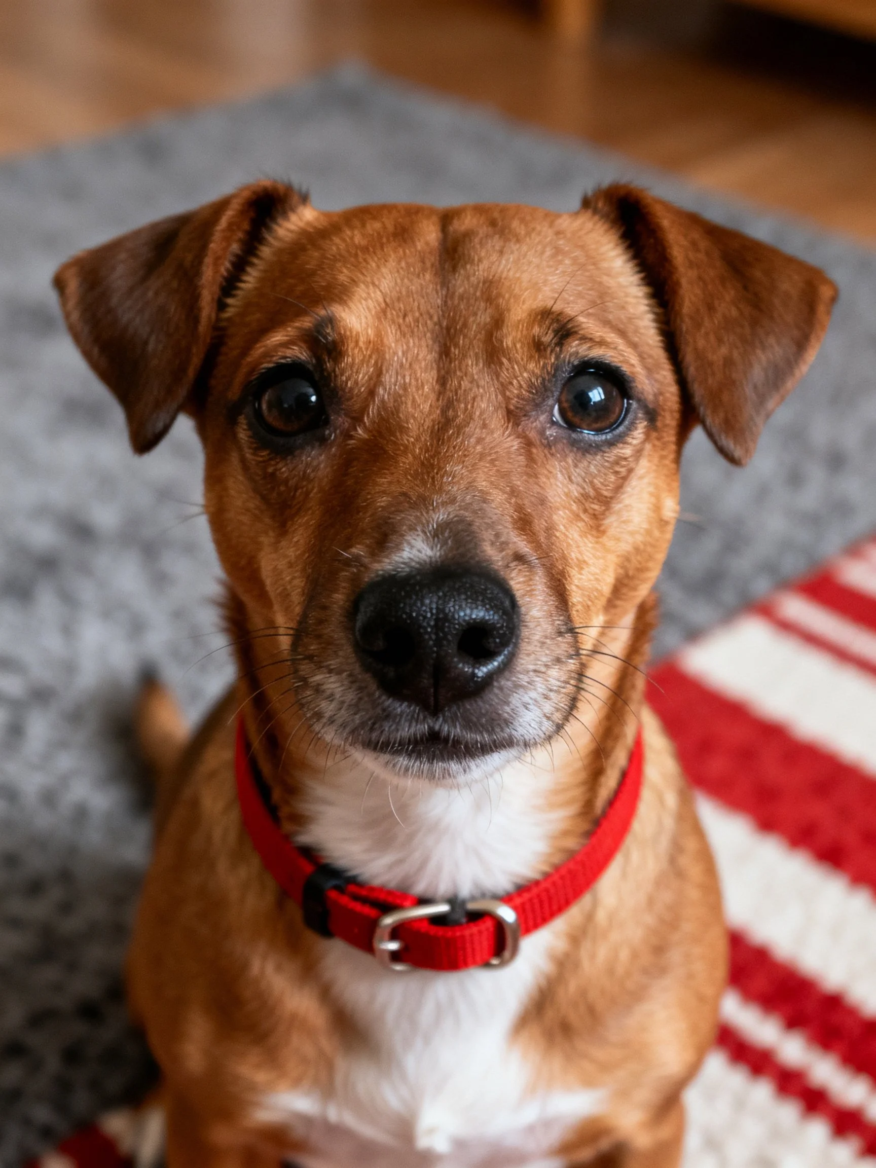A small brown dog with a red collar sits on patterned rugs