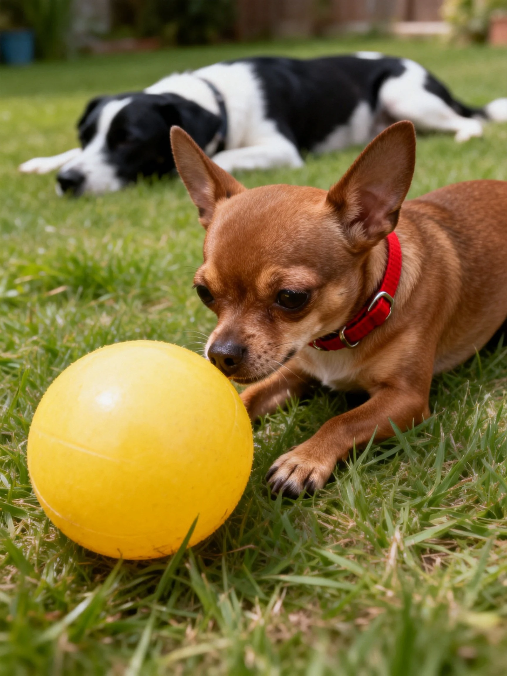 A small brown dog with a red collar sniffs a yellow ball, while a black and white dog rests on the gr