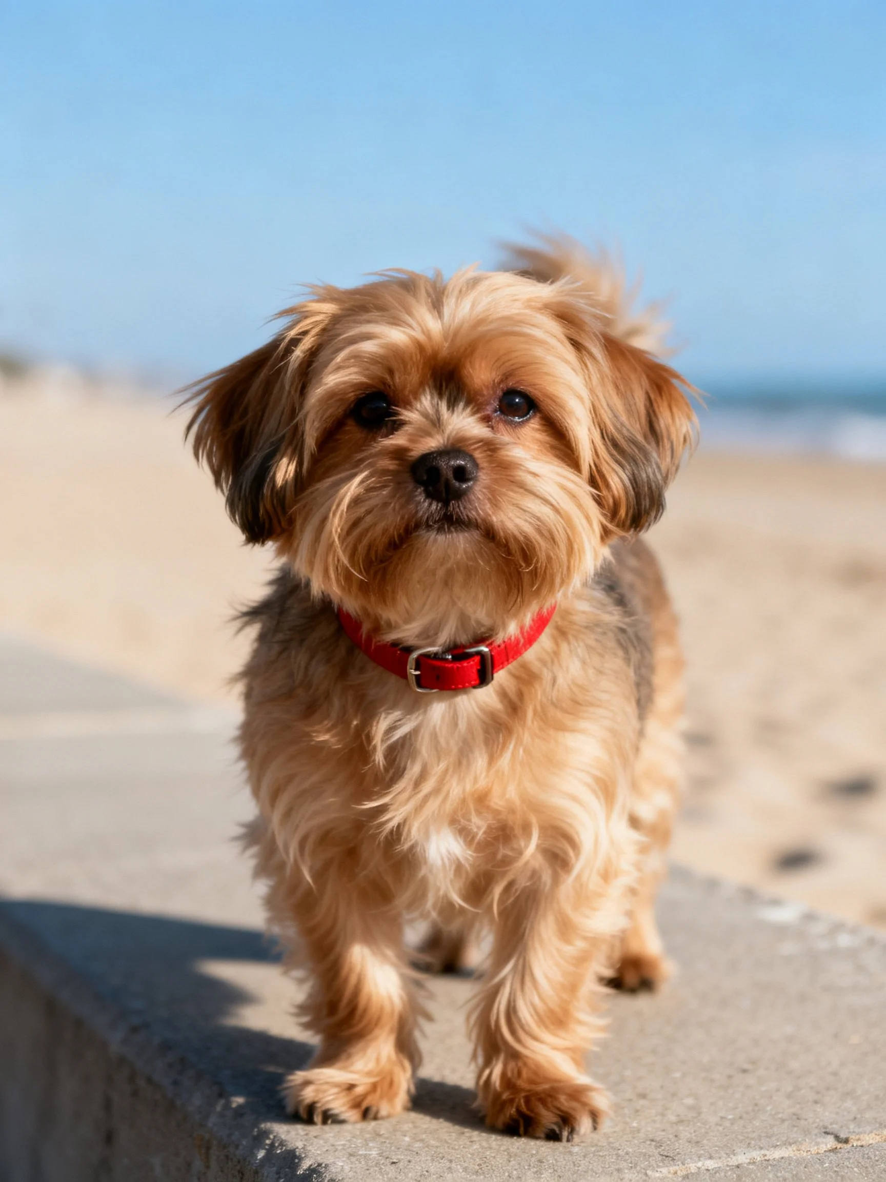 A small dog with a red collar stands on a concrete ledge by the beach.