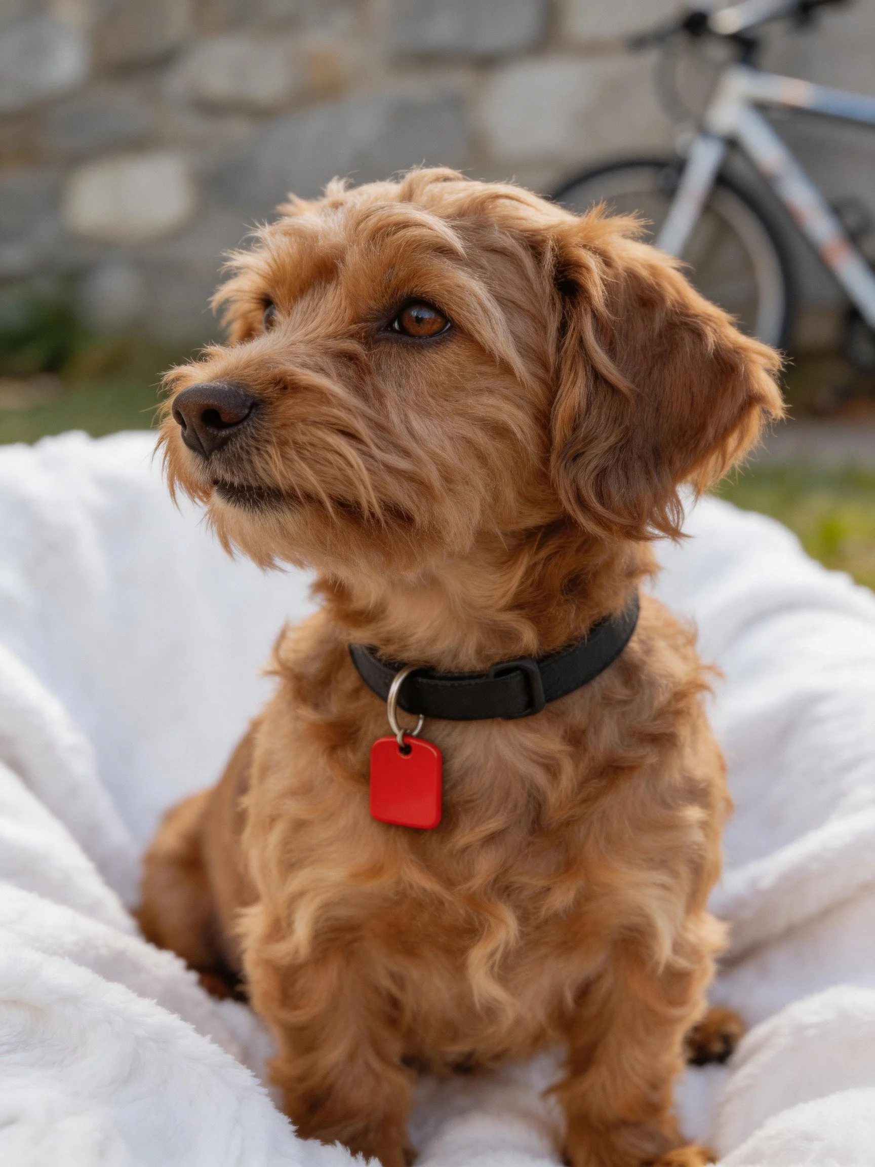 A small brown dog with curly fur sits on a white bed in an outdoor setting with a bicycle and stone wall.