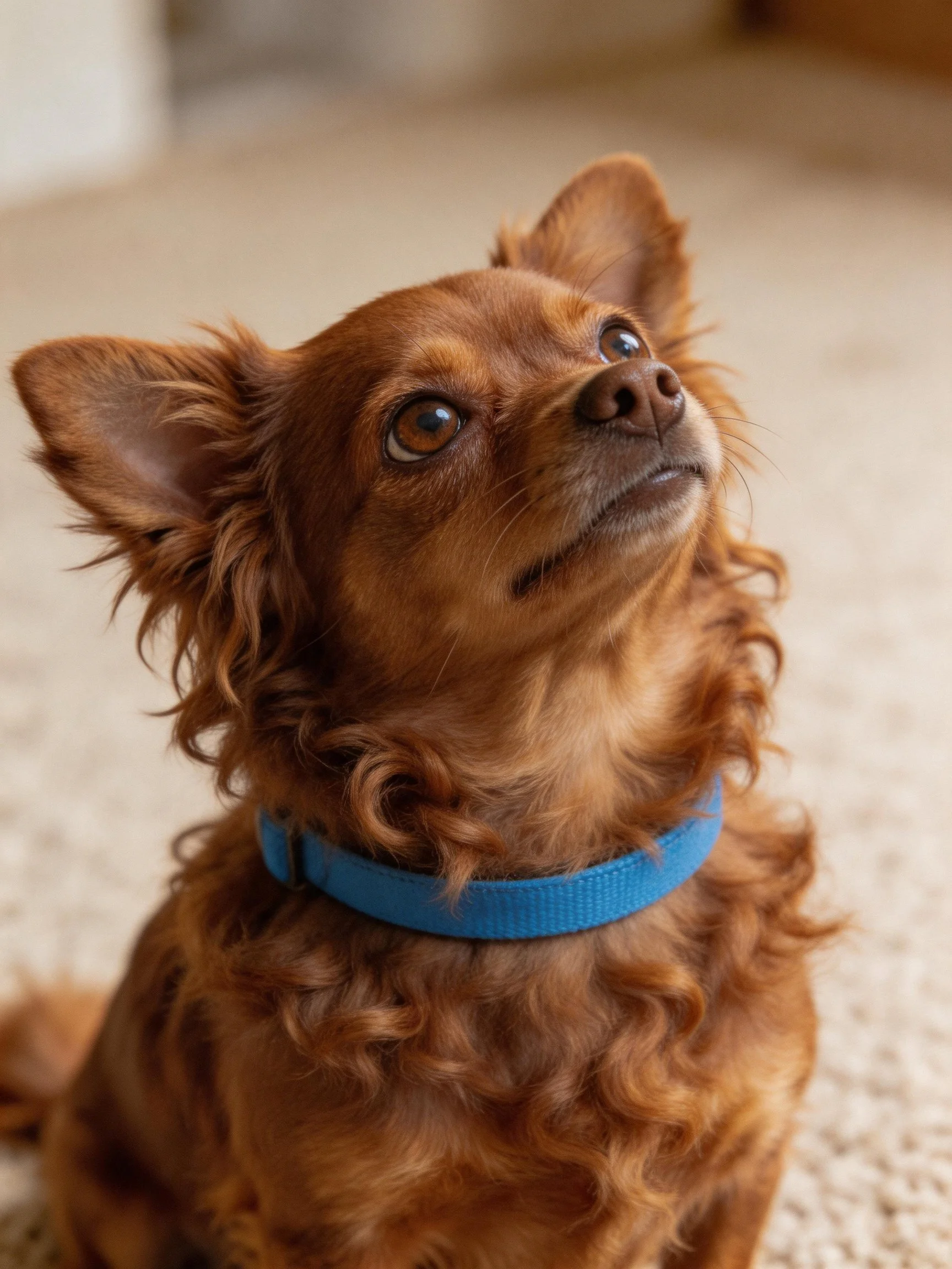 A small brown dog with curly fur wearing a blue collar