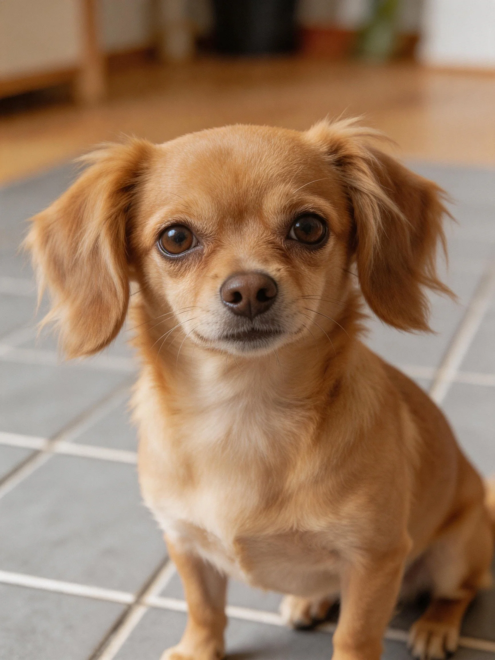 A small brown dog sits calmly on tiled flooring indoors.