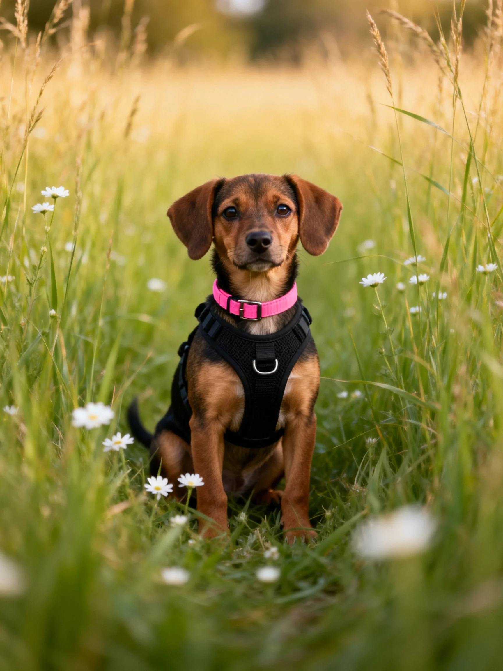 A small brown dog in a harness sits peacefully amid tall grass and wildflowers.