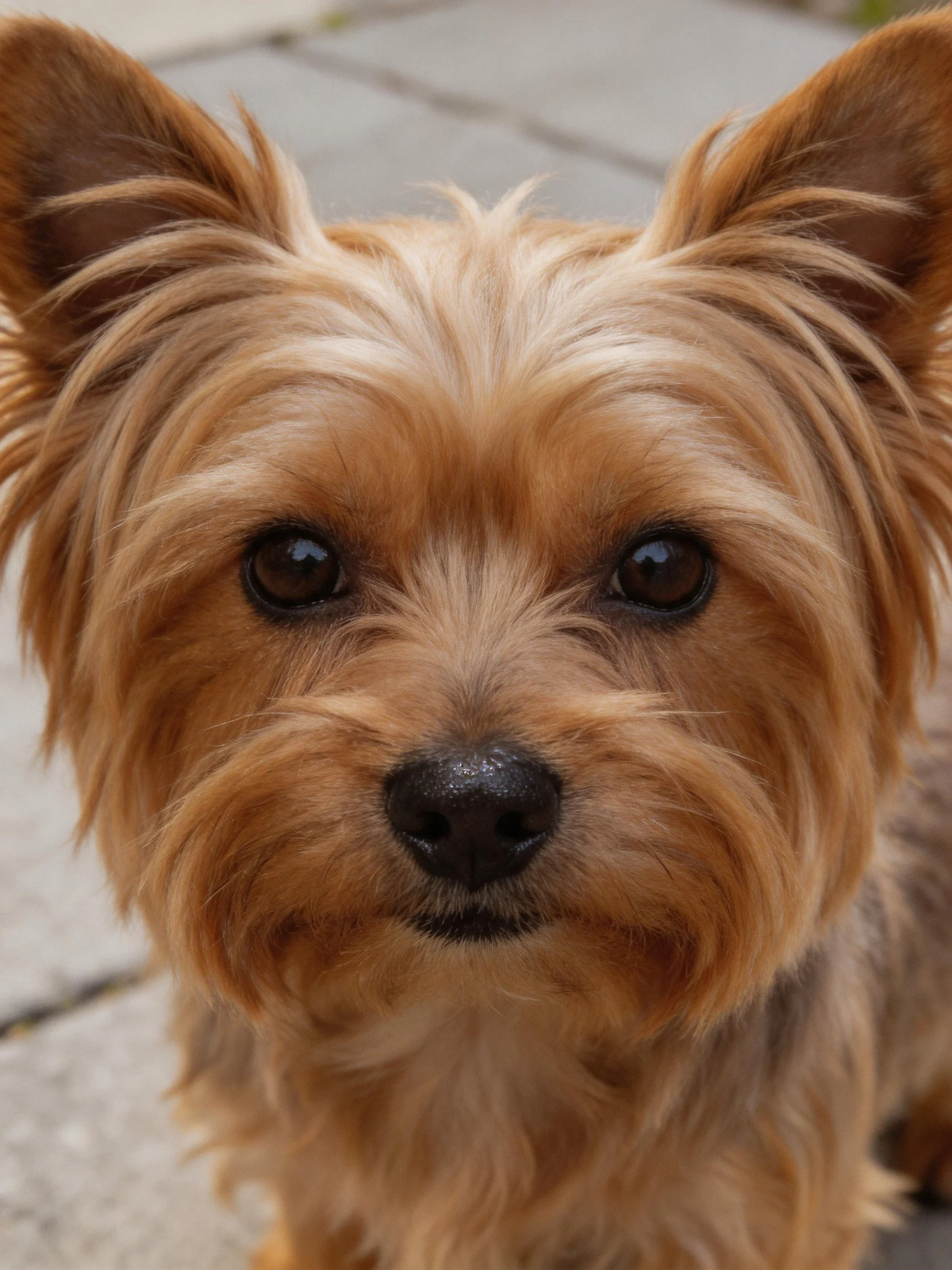 A small brown dog looks directly at the camera outdoors.