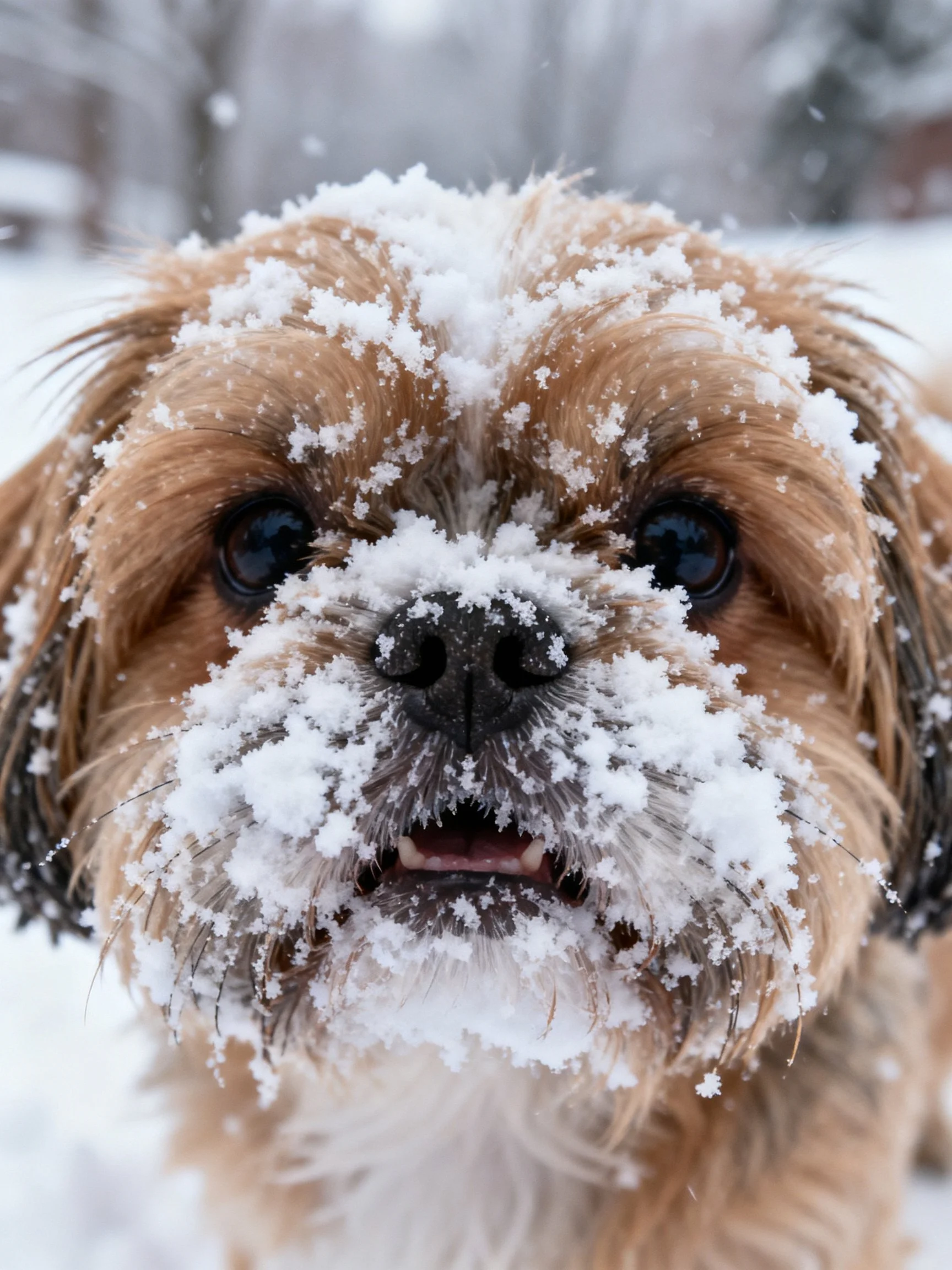 A small brown dog has snow on its face and head while standing outside.