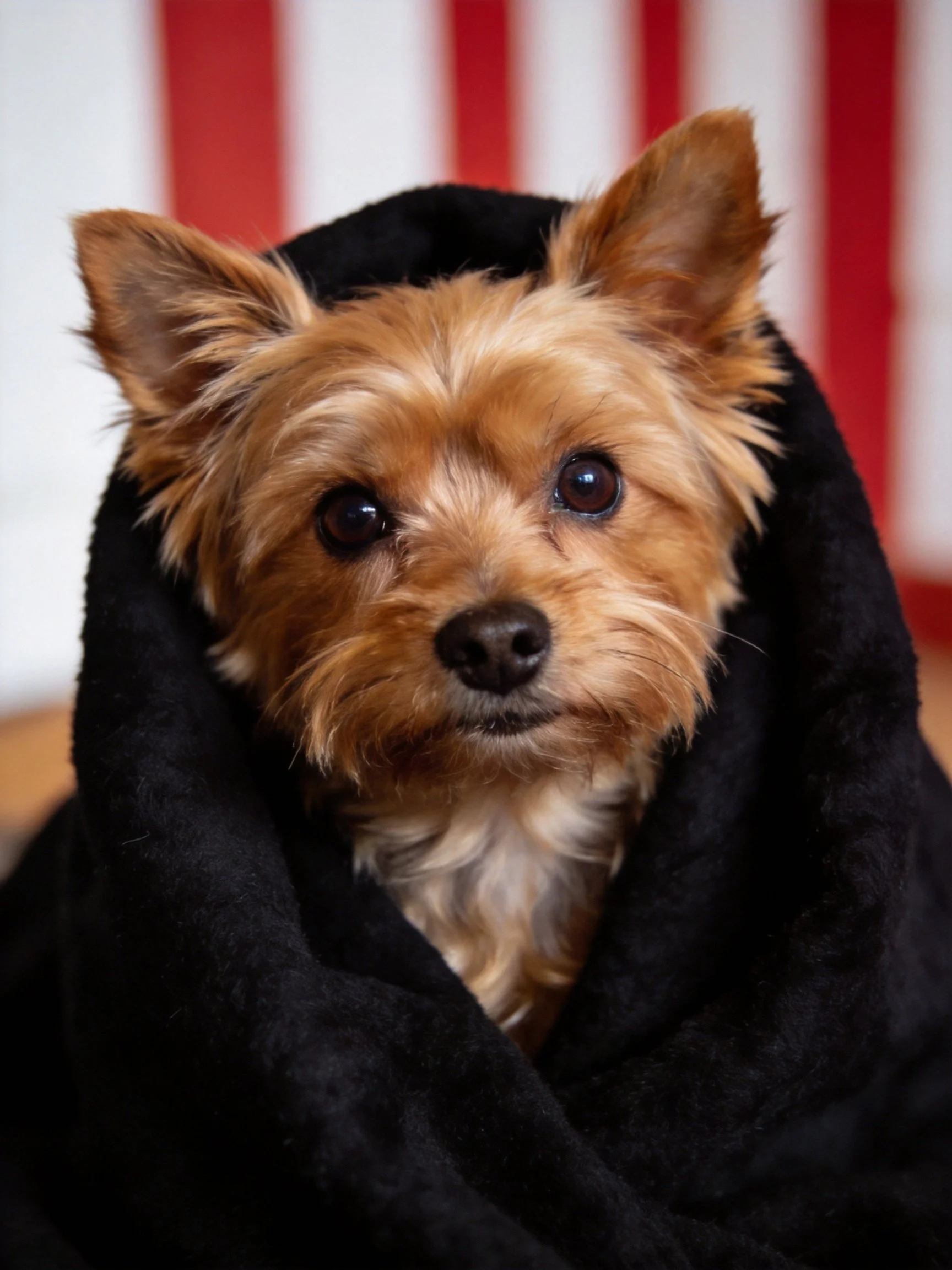A small brown dog wrapped in a black towel sits before a red and white striped wall.