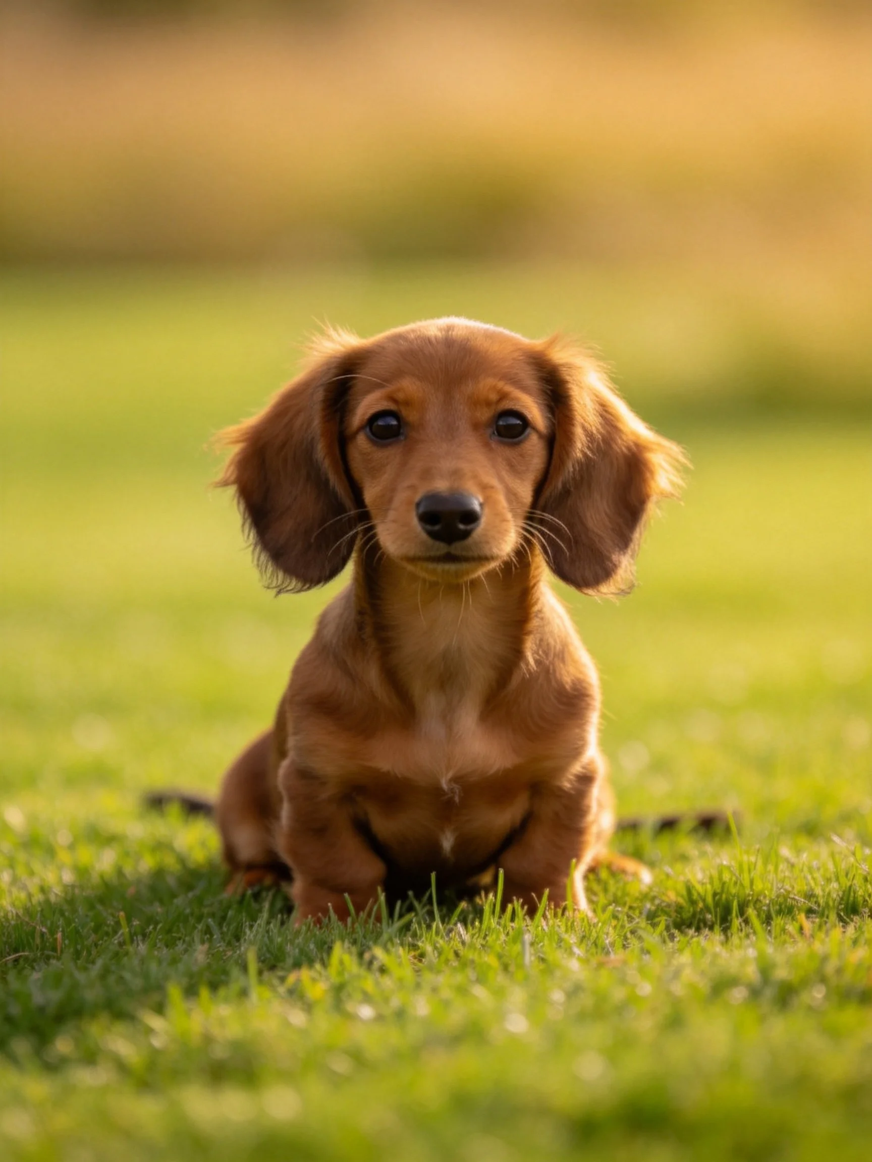 A small brown dachshund puppy sits calmly on vibrant green grass.
