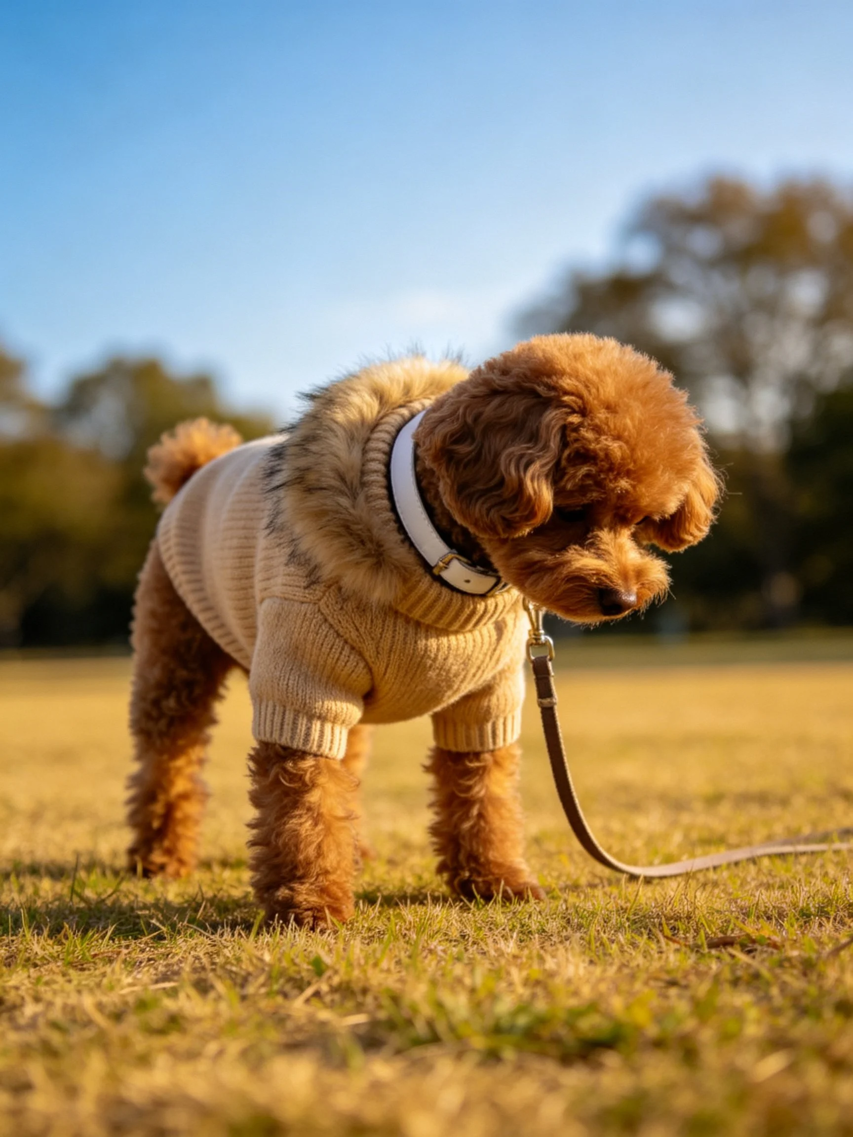 A small brown poodle in a beige sweater on golden grass