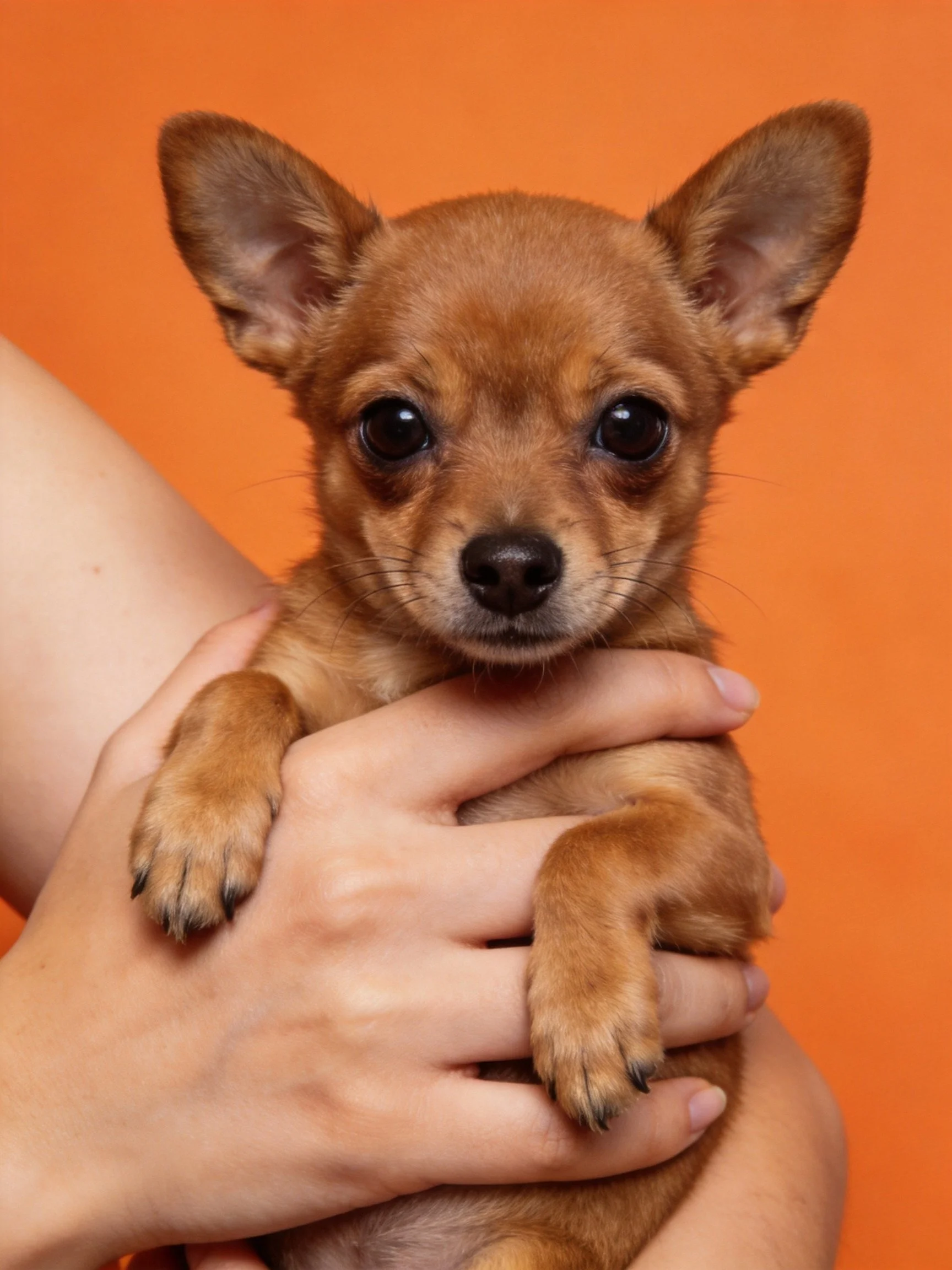 A small brown puppy is held gently in human hands against an orange backdrop.