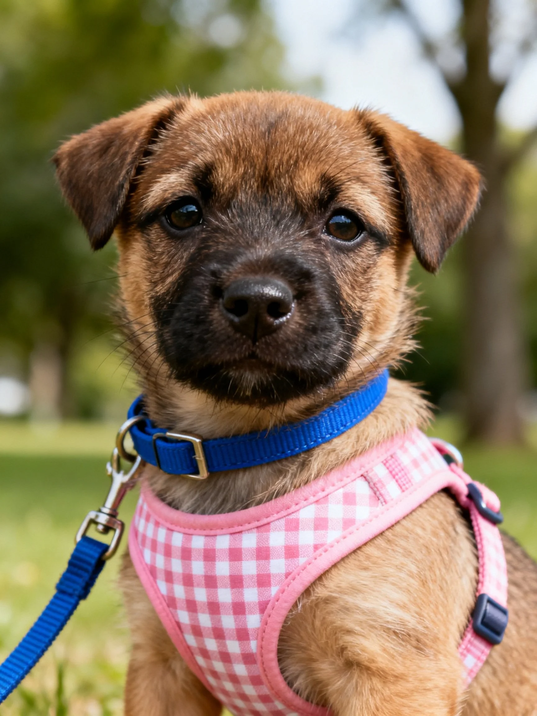 A small brown puppy wears a pink gingham harness and blue collar outdoors.