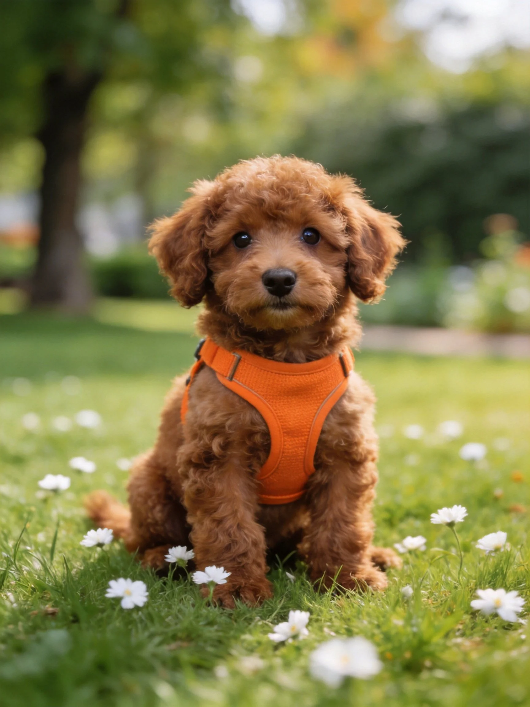 A small brown puppy in an orange harness sits among white flowers in a grassy outdoor area.