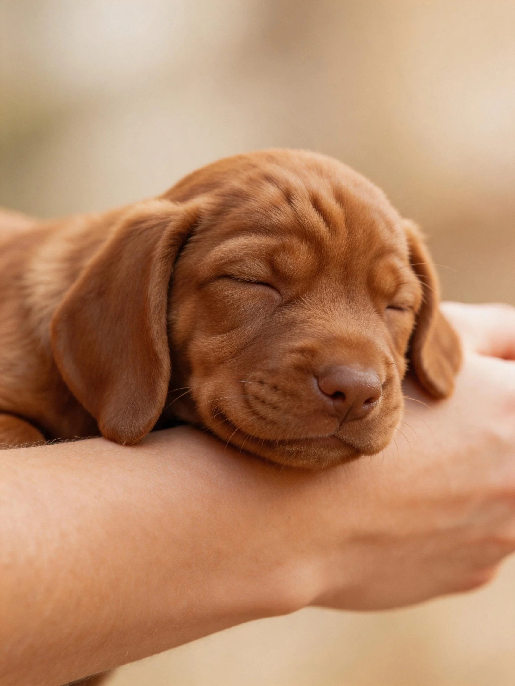 A small brown puppy rests calmly on a persons hand.