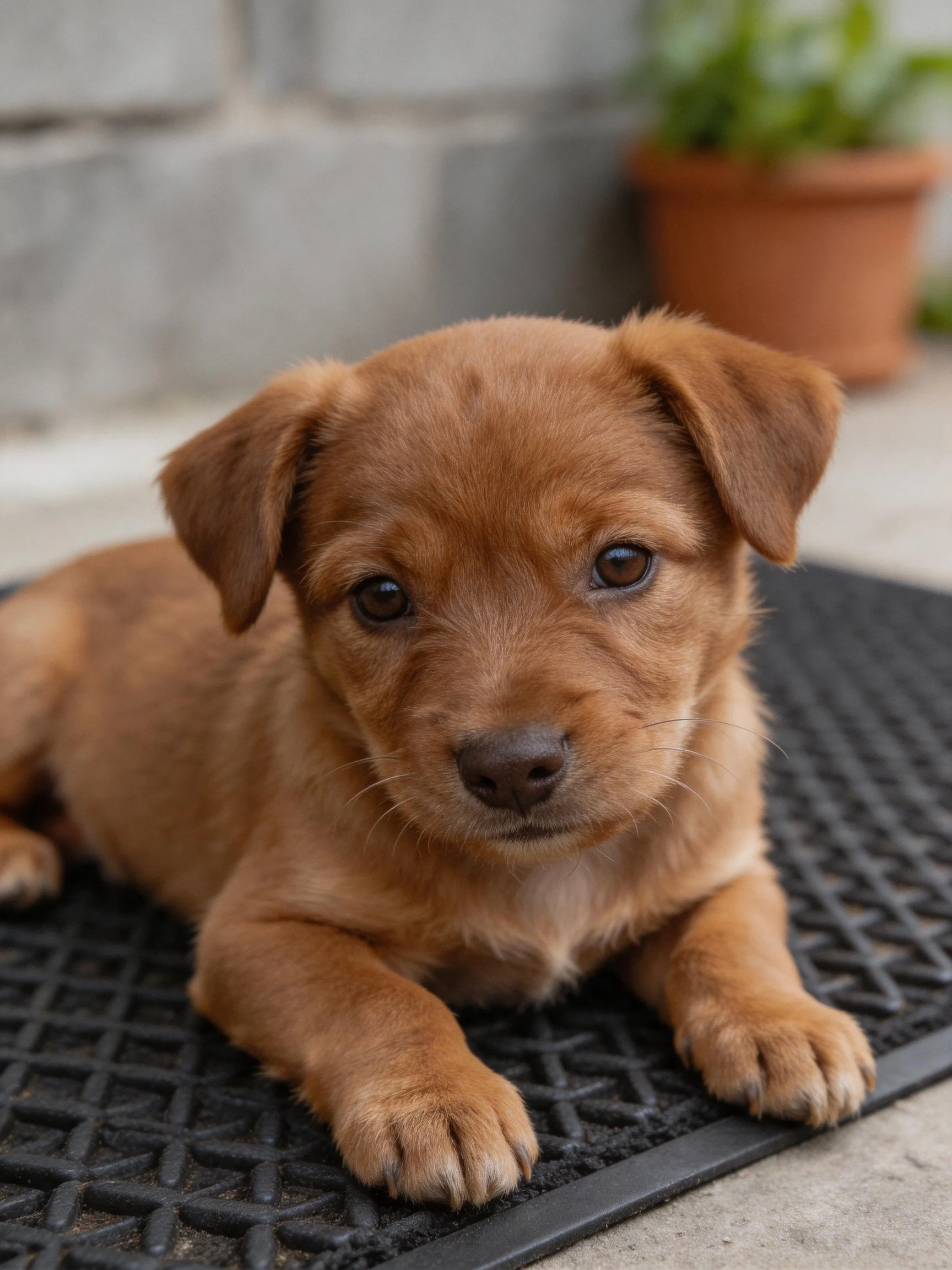 A small brown puppy lies calmly on a black mat near a potted plant