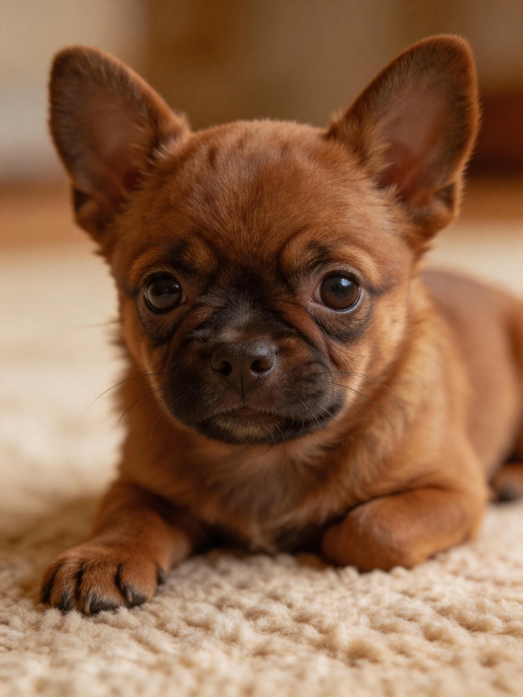 A small brown puppy rests peacefully on a carpet.