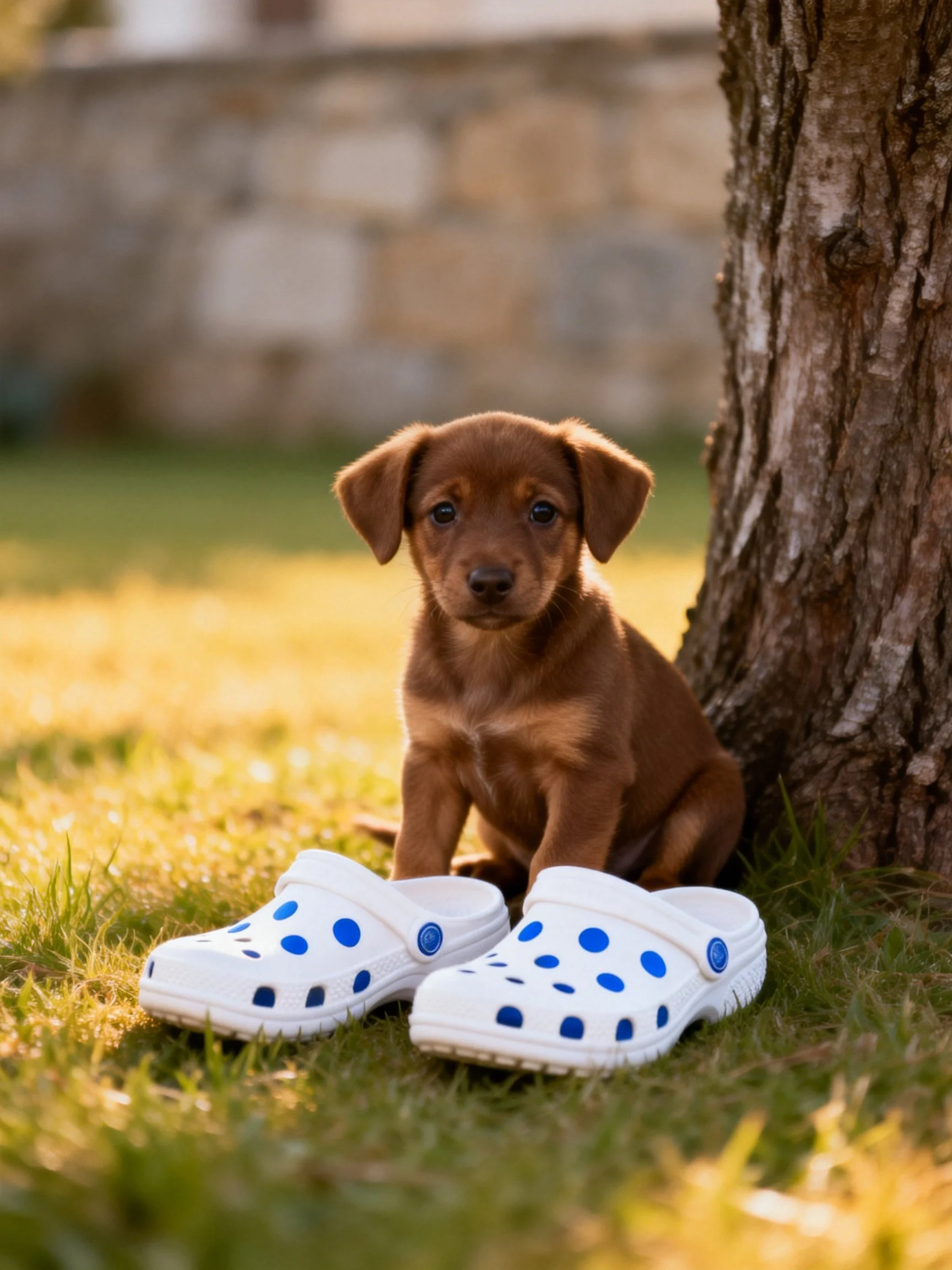 A small brown puppy sits next to white clogs with blue spots near a tree.