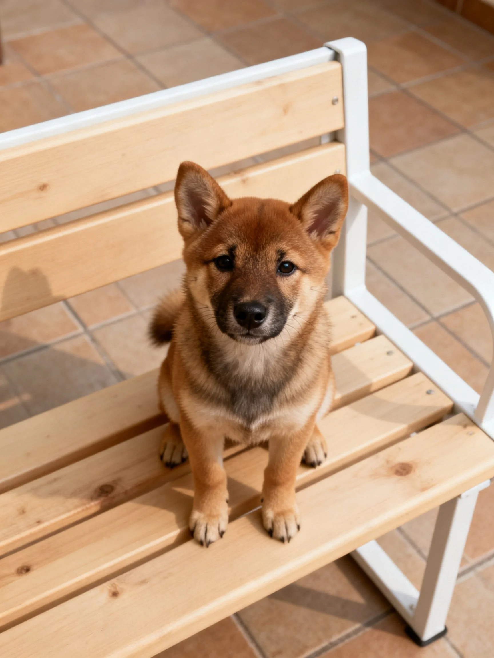 A small brown puppy sits calmly on an outdoor wooden bench.