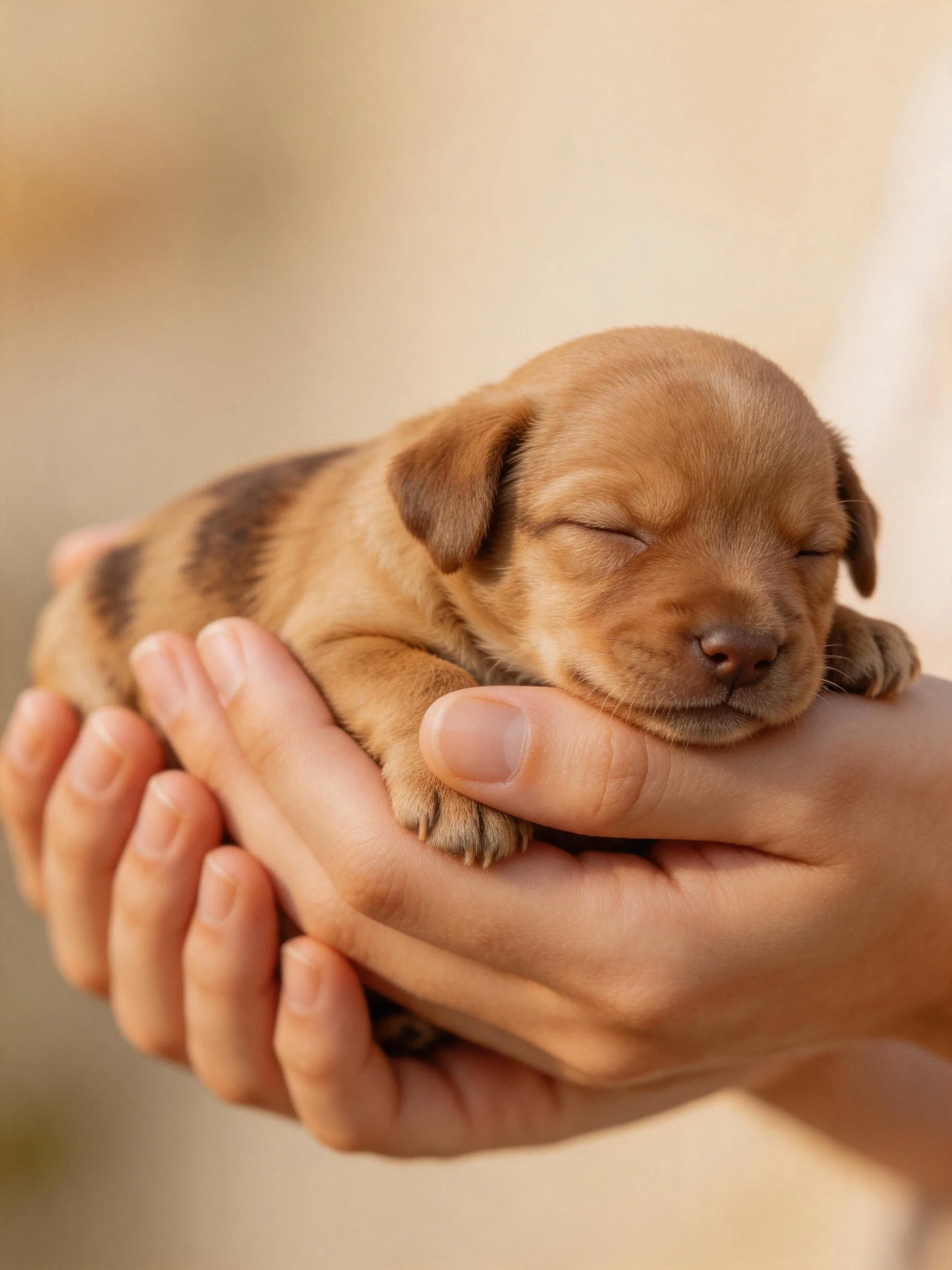 A small brown puppy is cradled gently in someone’s hands.
