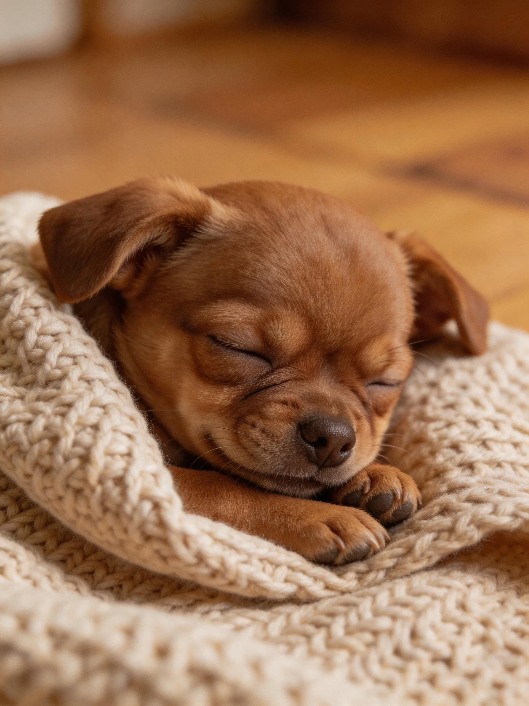 A small brown puppy peacefully sleeps wrapped in a blanket.