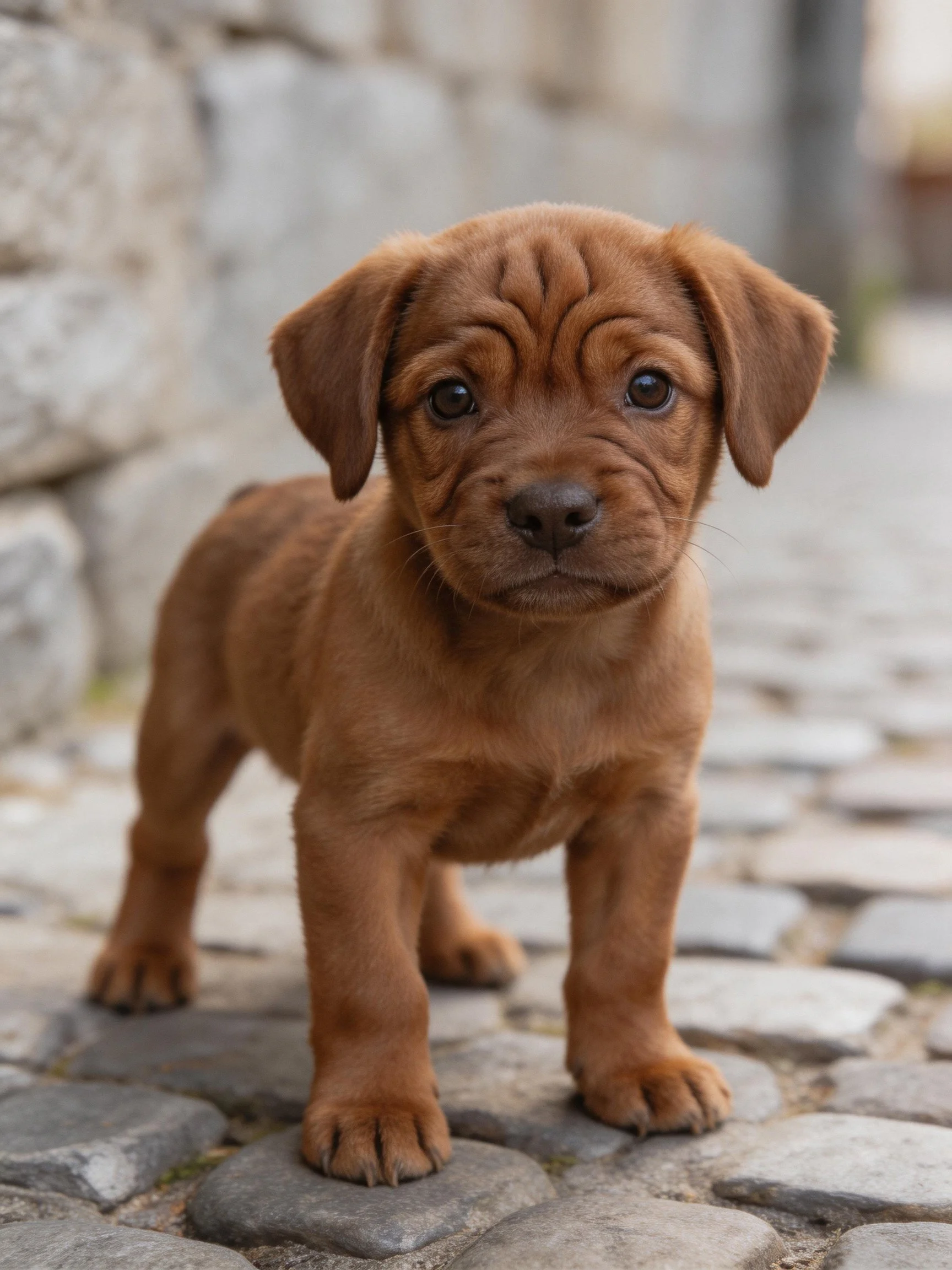 A small brown puppy stands on cobblestones in an outdoor setting.