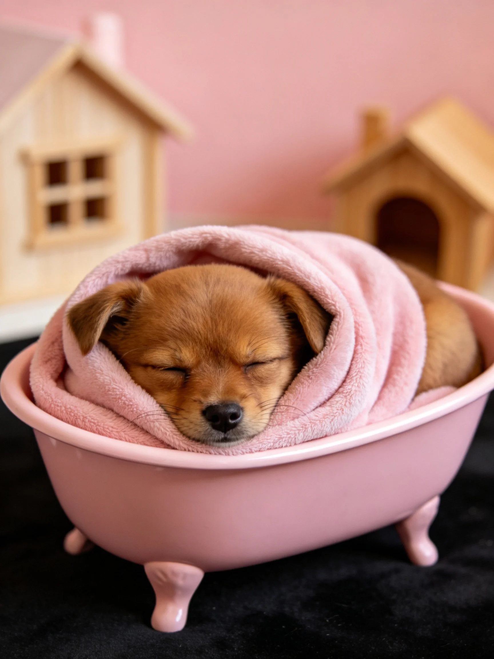 A small brown puppy naps wrapped in a pink towel inside a pink bathtub.