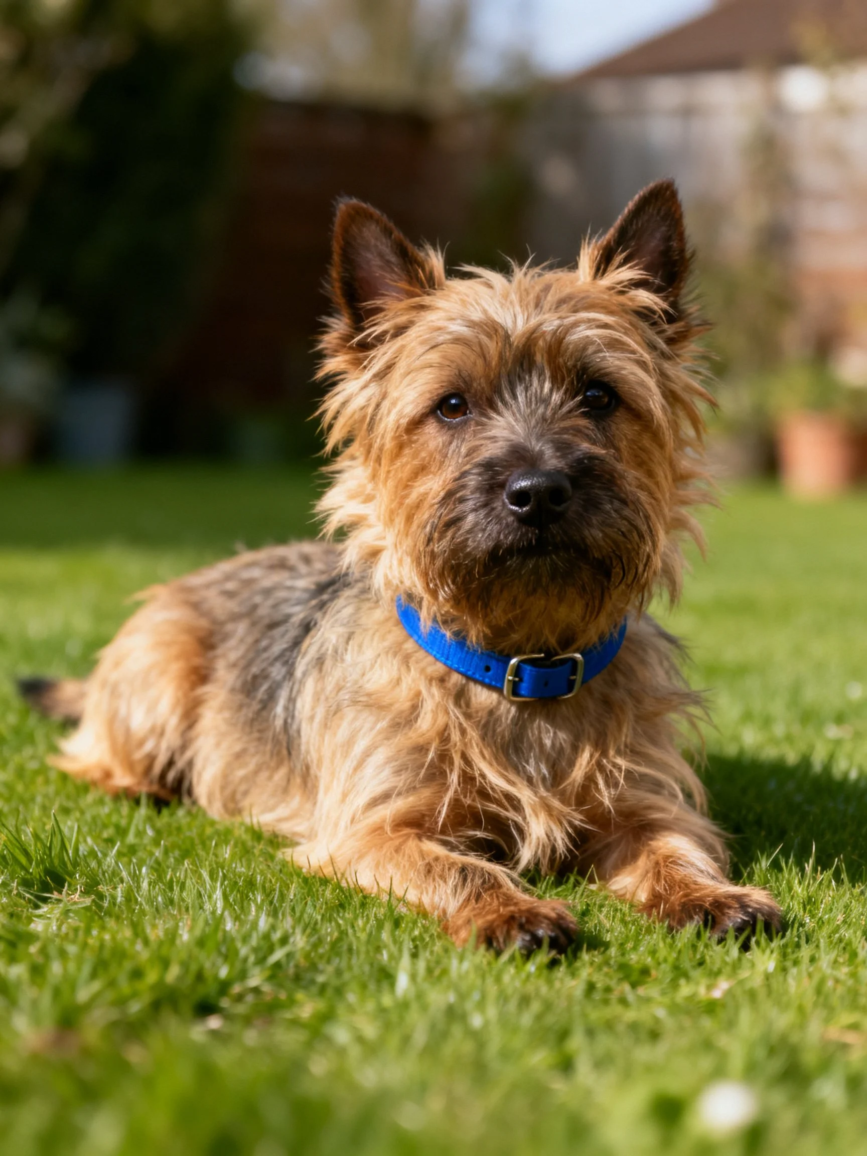 A small brown terrier relaxes on green grass while wearing a bright blue collar.