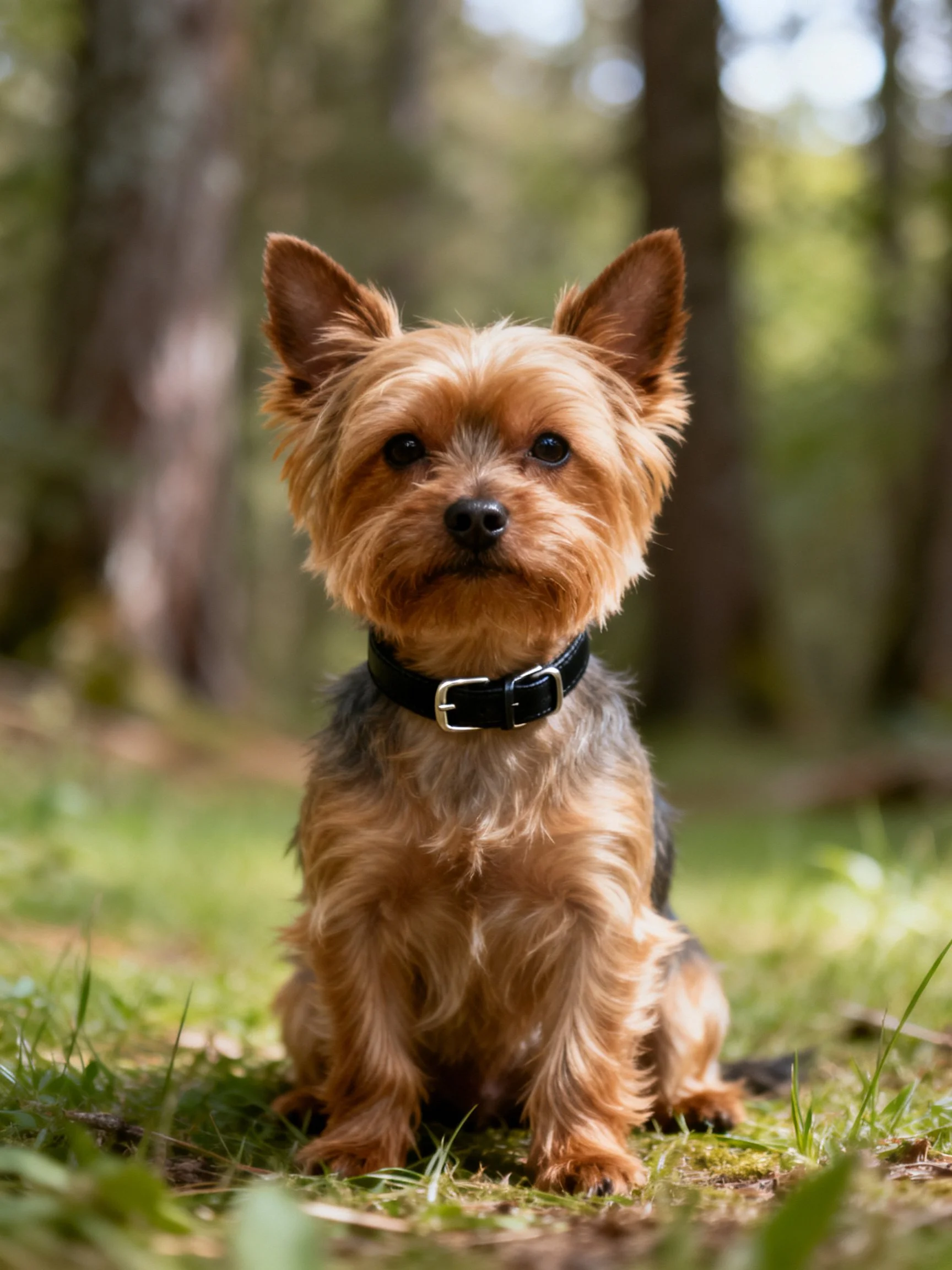 A small brown dog sits quietly in a sunlit forest setting.