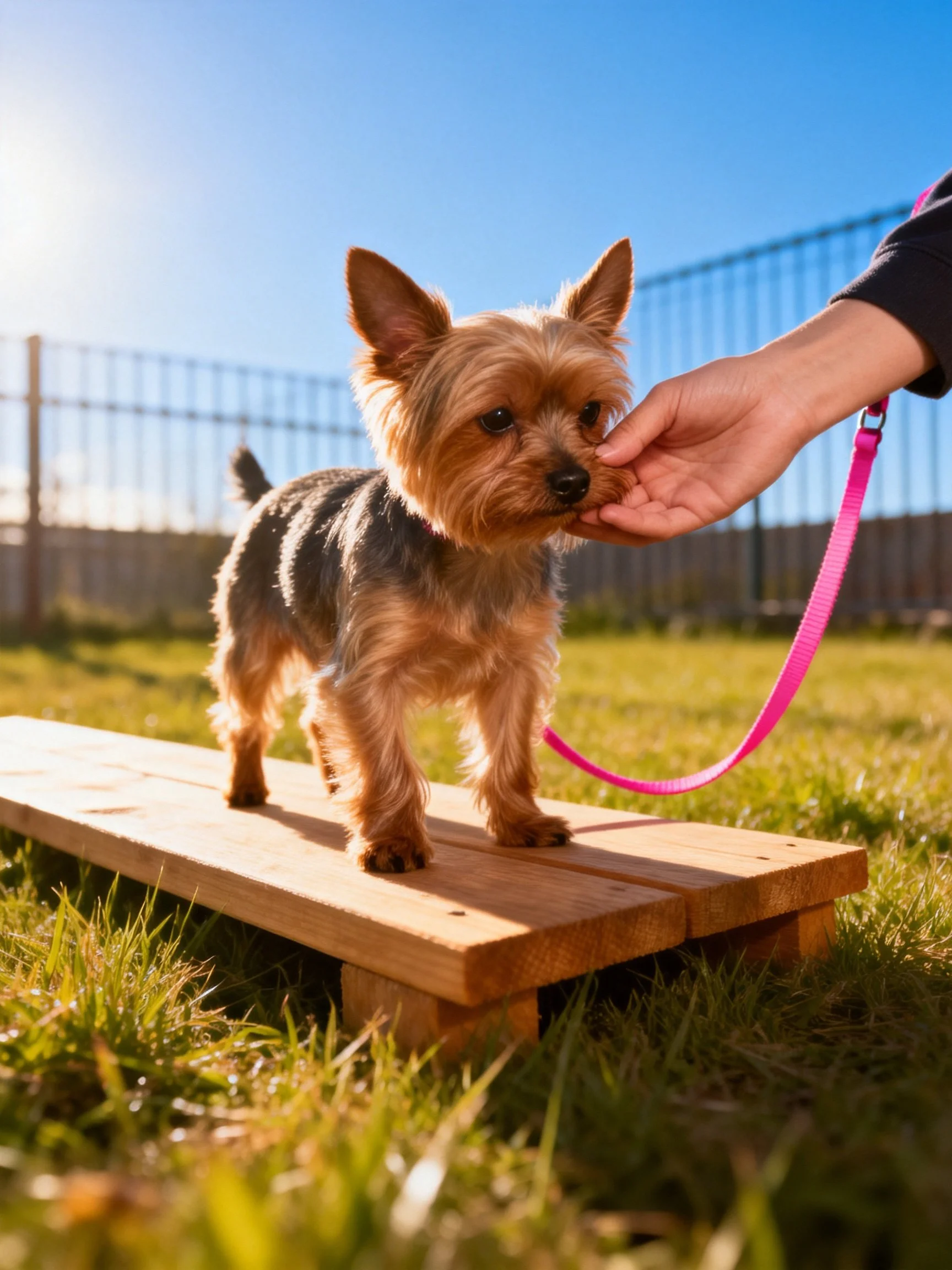 A small brown dog stands on a wooden plank while being petted outdoors.