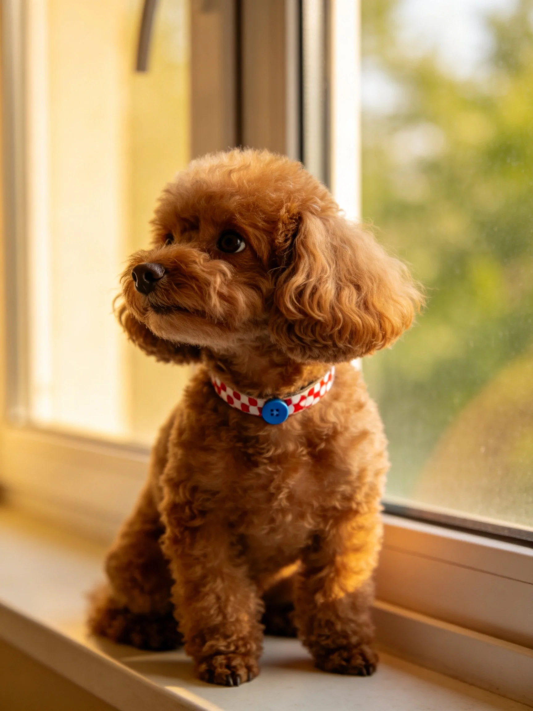 A small brown toy poodle sits quietly beside a sunlit window.
