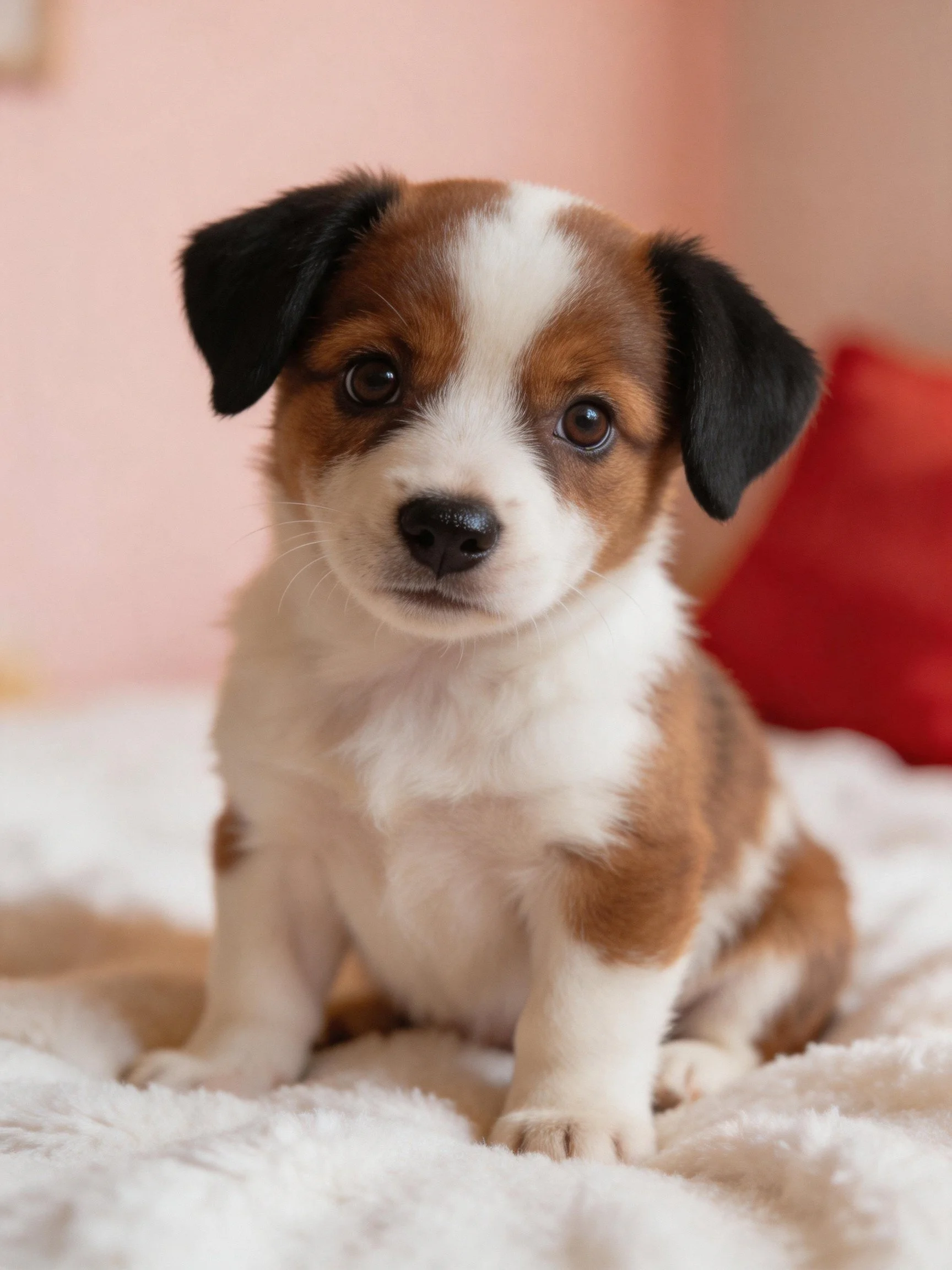 A small brown, white, and black puppy sits calmly on a soft blanket.