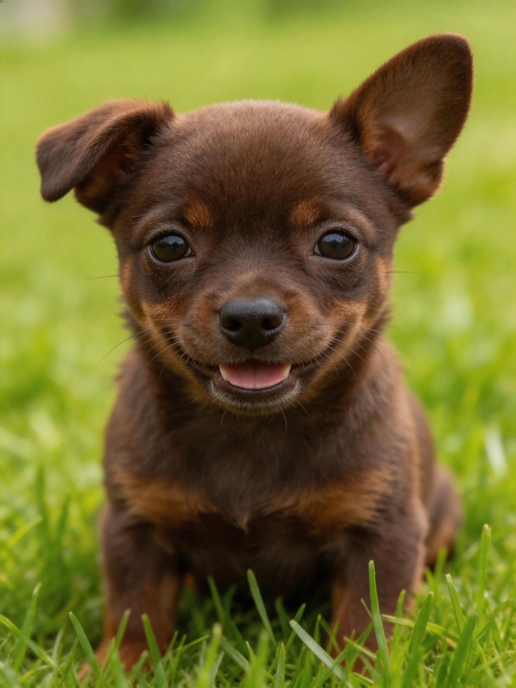 A small chocolate-brown puppy sits contentedly on green grass.
