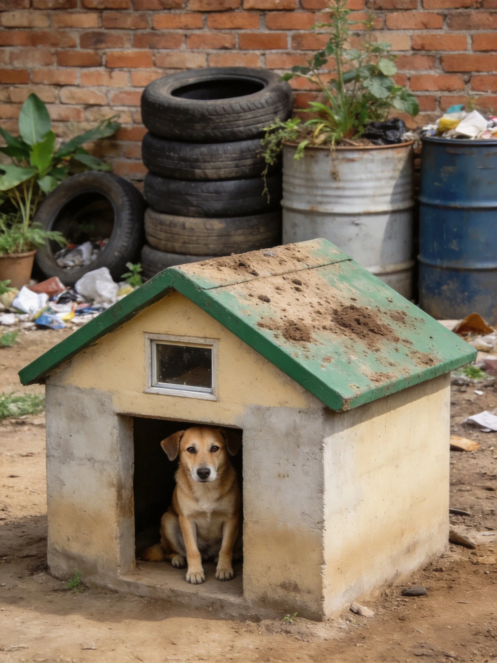 A small concrete doghouse with green roof, a tan dog inside, stacked black tires, and metal barrels n