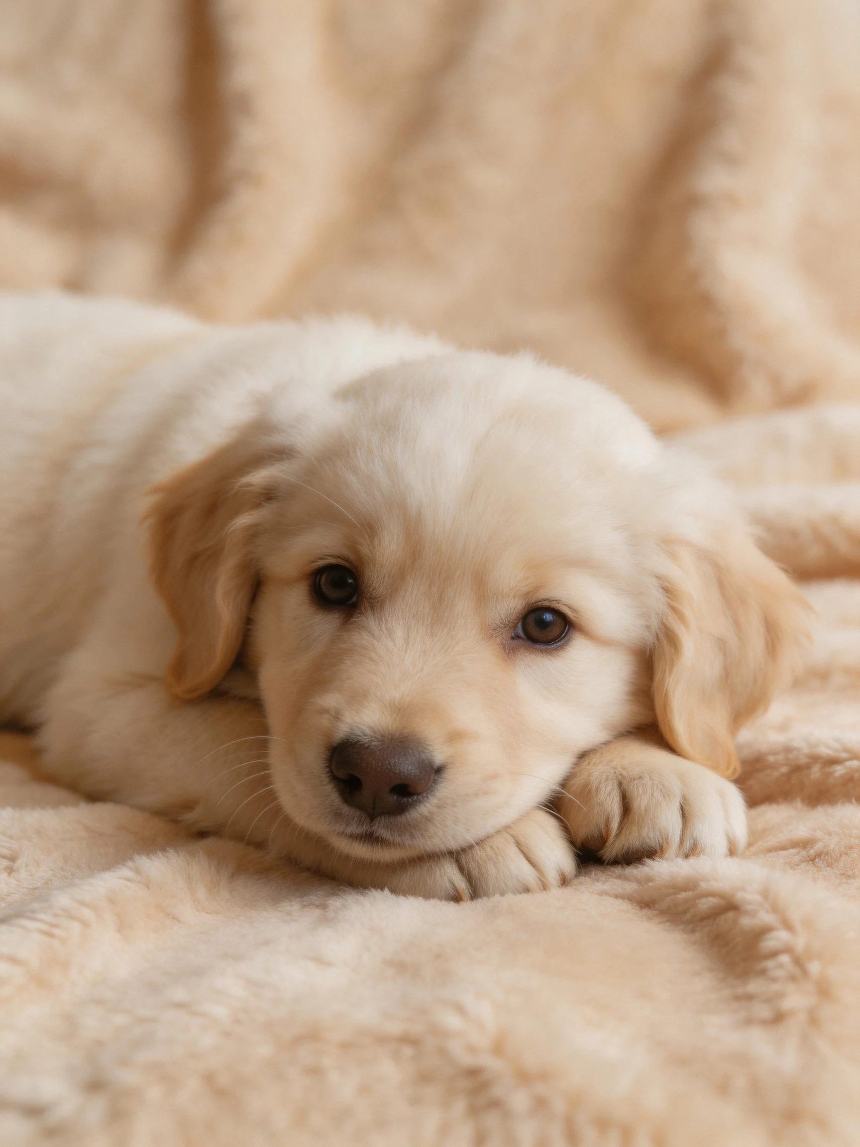 A small cream - colored puppy rests on a soft beige blanket.