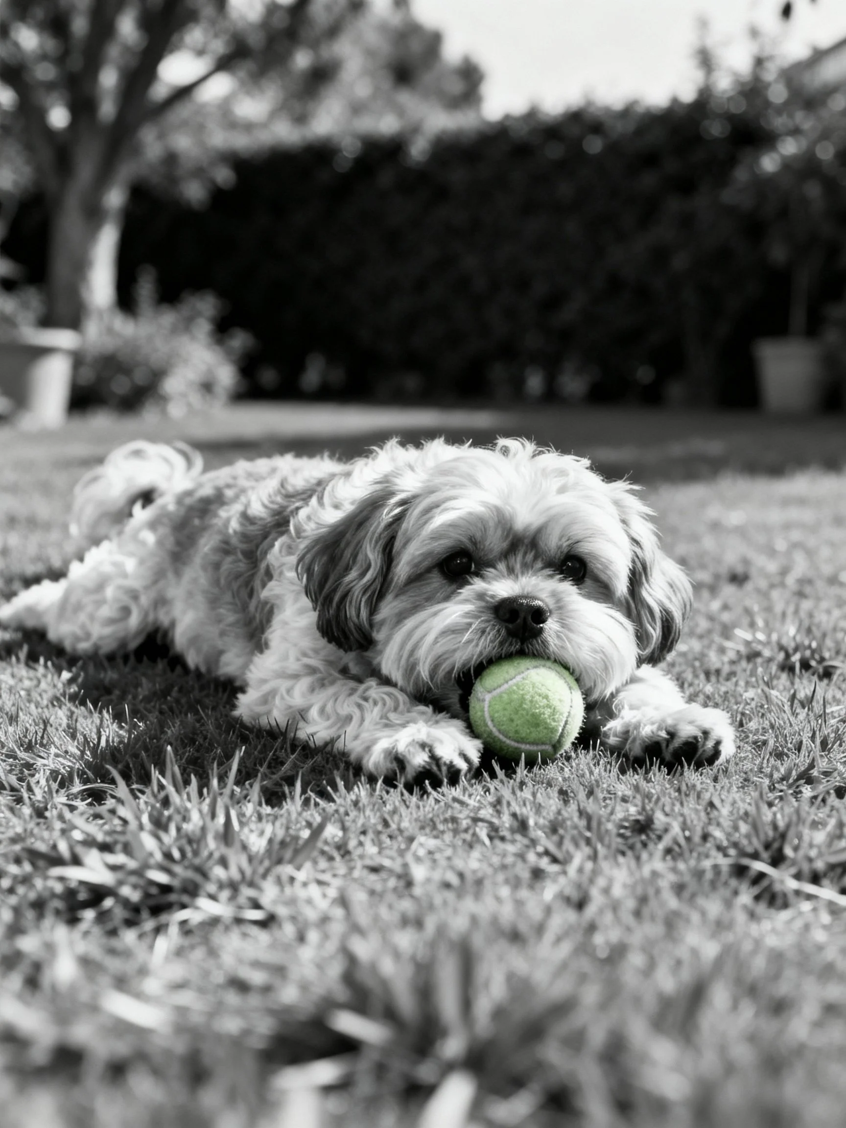 A small dog lies on grass with a tennis ball in its mouth