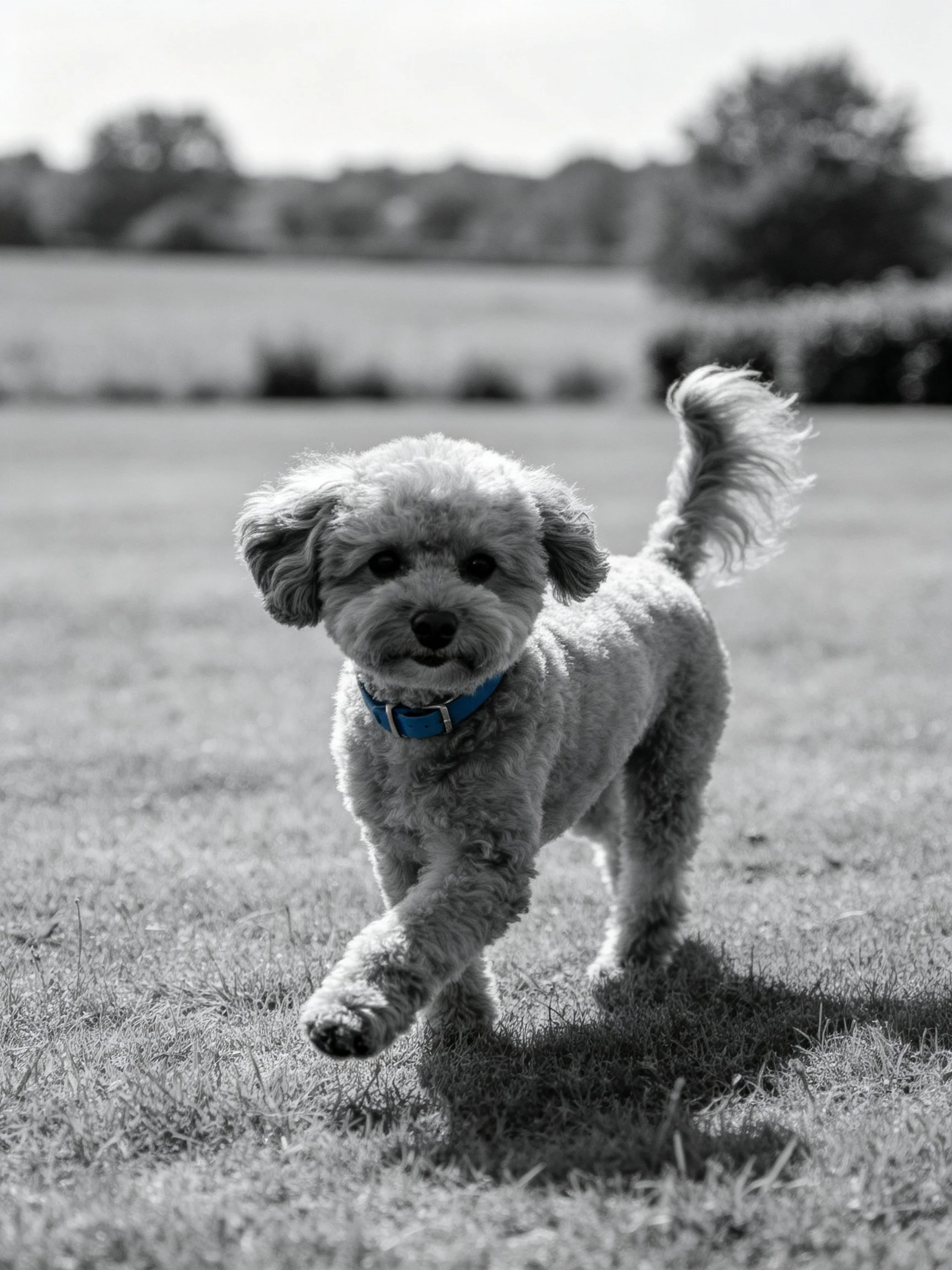 A small dog with a blue collar runs energetically on grass.