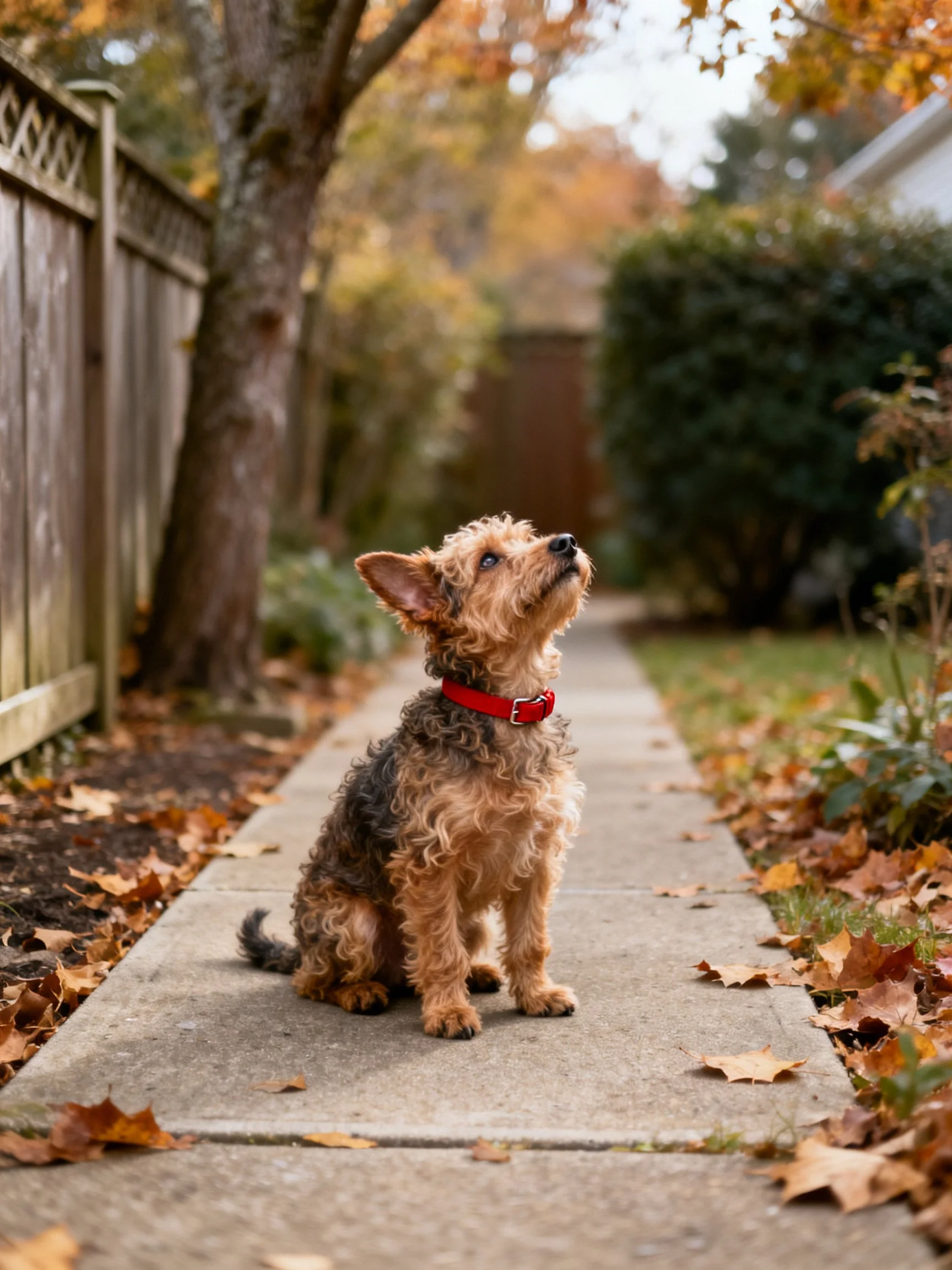 A small dog with a red collar sits attentively on a leaf-covered sidewalk