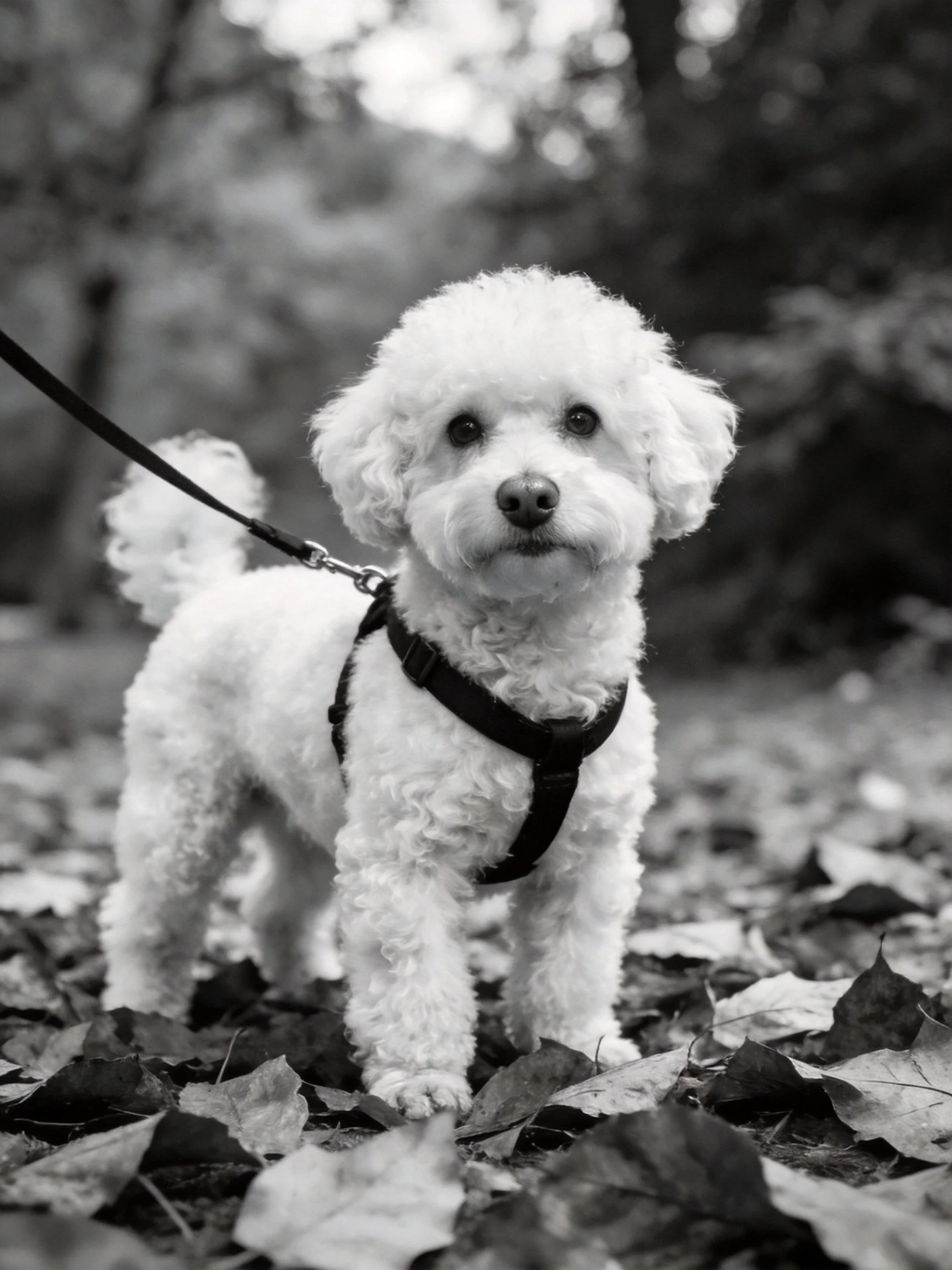 A small white dog with a harness stands among fallen leaves in a wooded area.