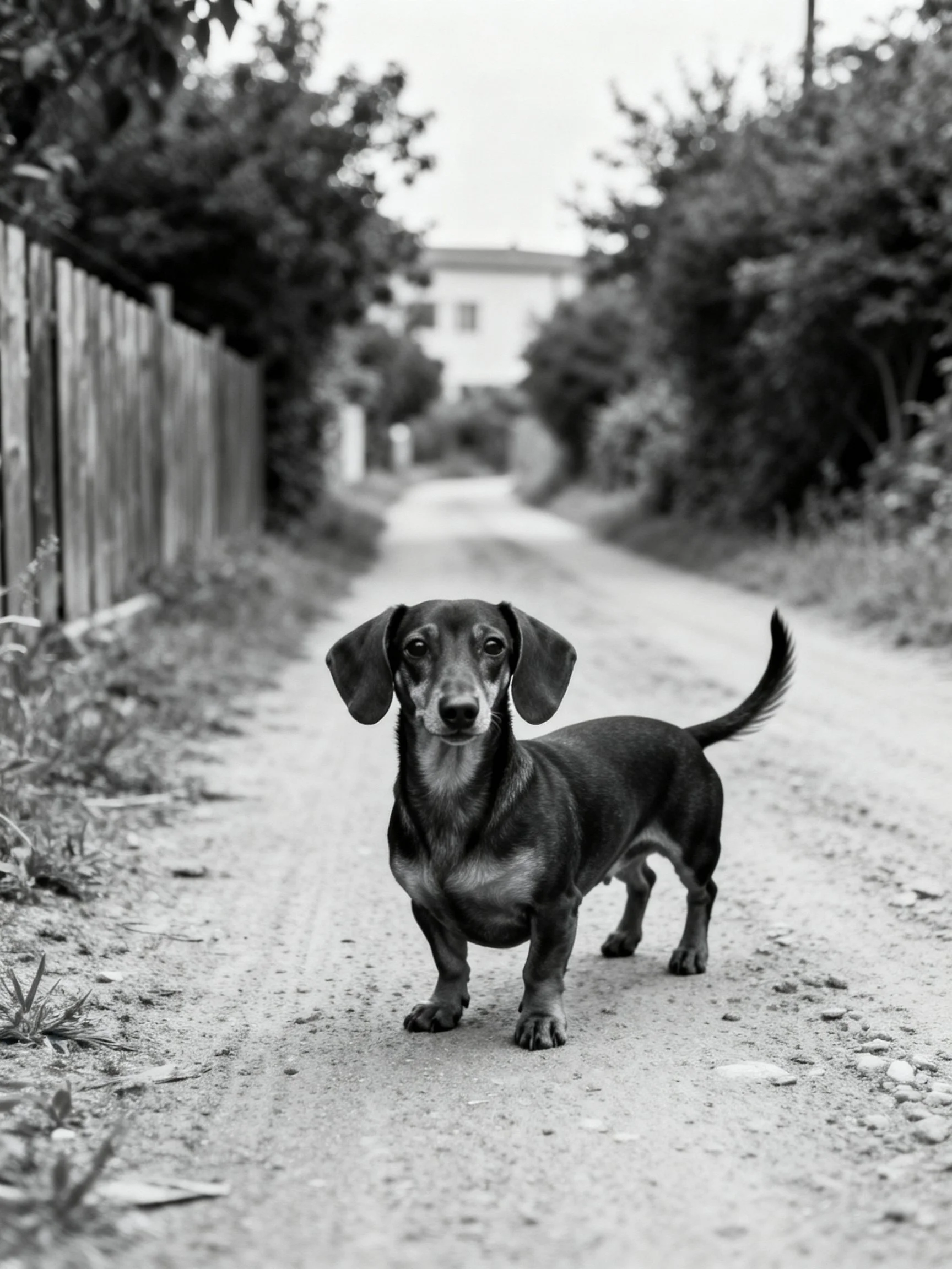 A small dachshund stands on a gravel path flanked by fence and bushes