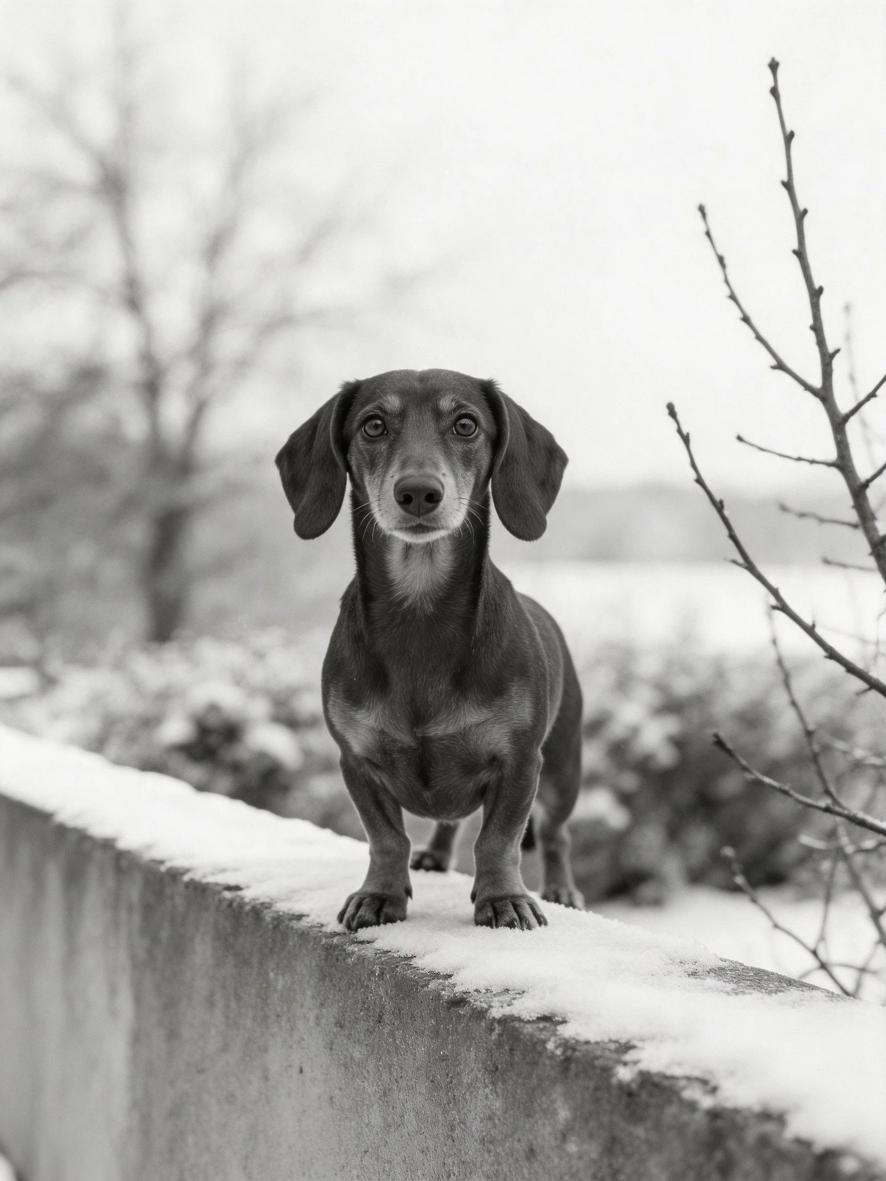 A small dachshund stands on a snow-covered ledge in a monochrome winter scene