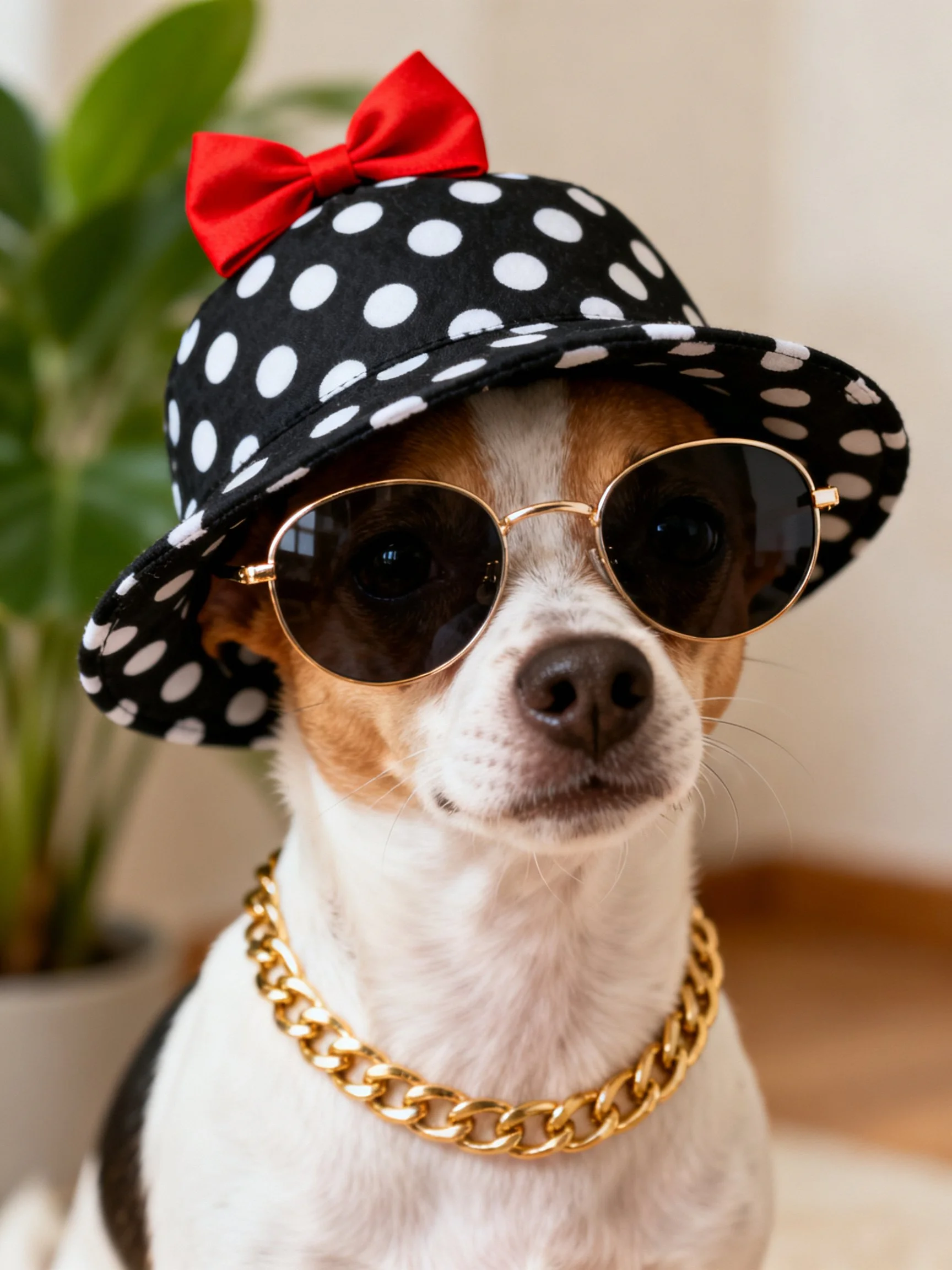 A small dog dons a black polka dot hat with red bow, round sunglasses, and gold chain