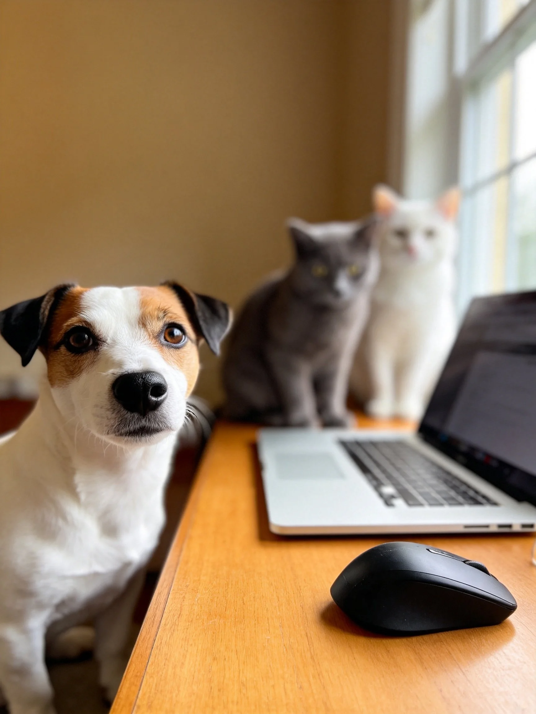A small dog sits near a wooden desk with a laptop as two cats sit behind.