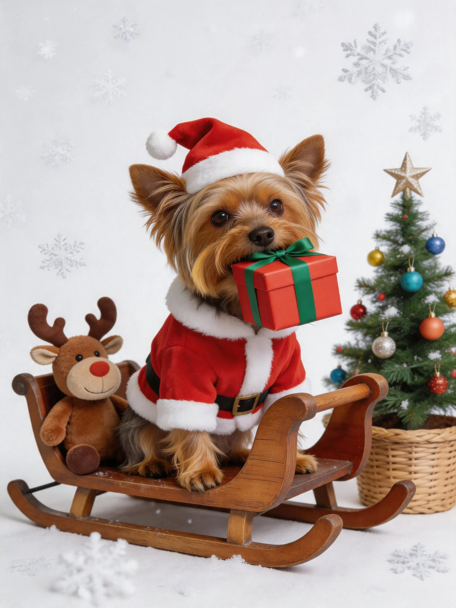 A small dog in Santa clothing rides a wooden sled with a reindeer toy and decorated Christmas tree