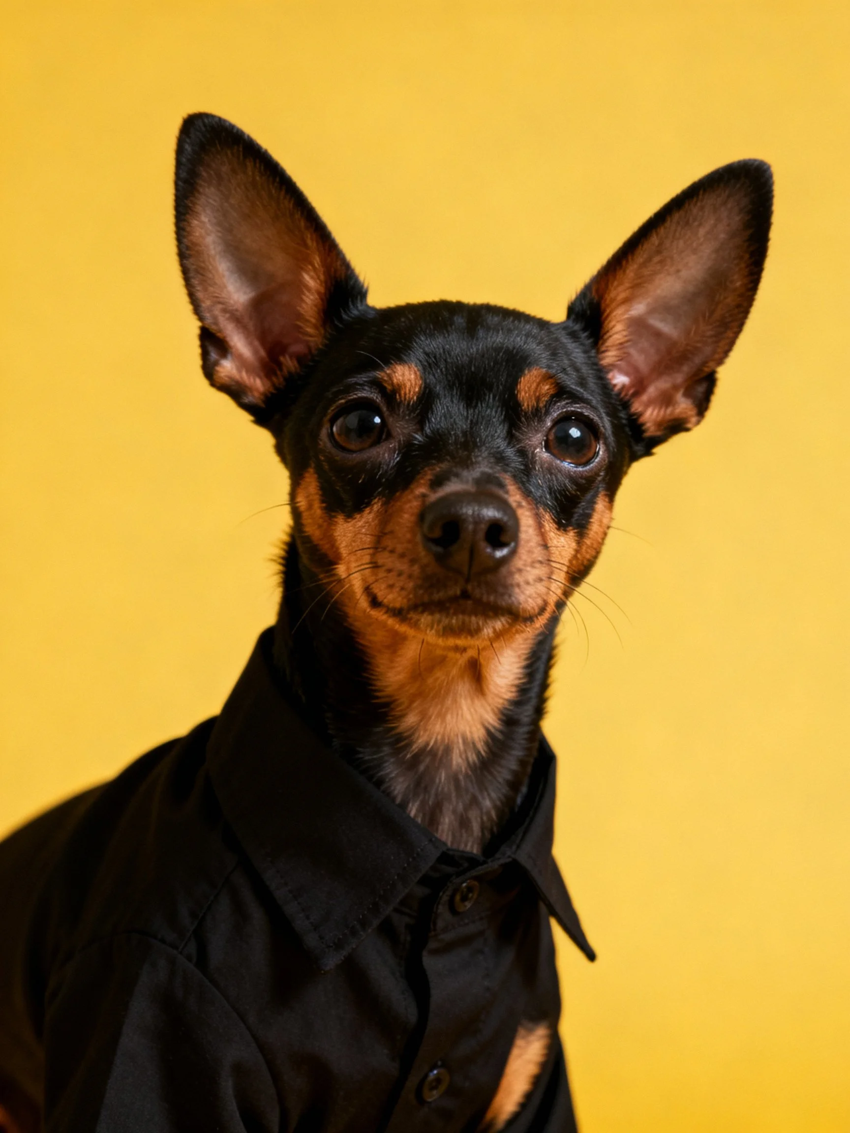 A small dog in a black shirt against a bright yellow backdrop