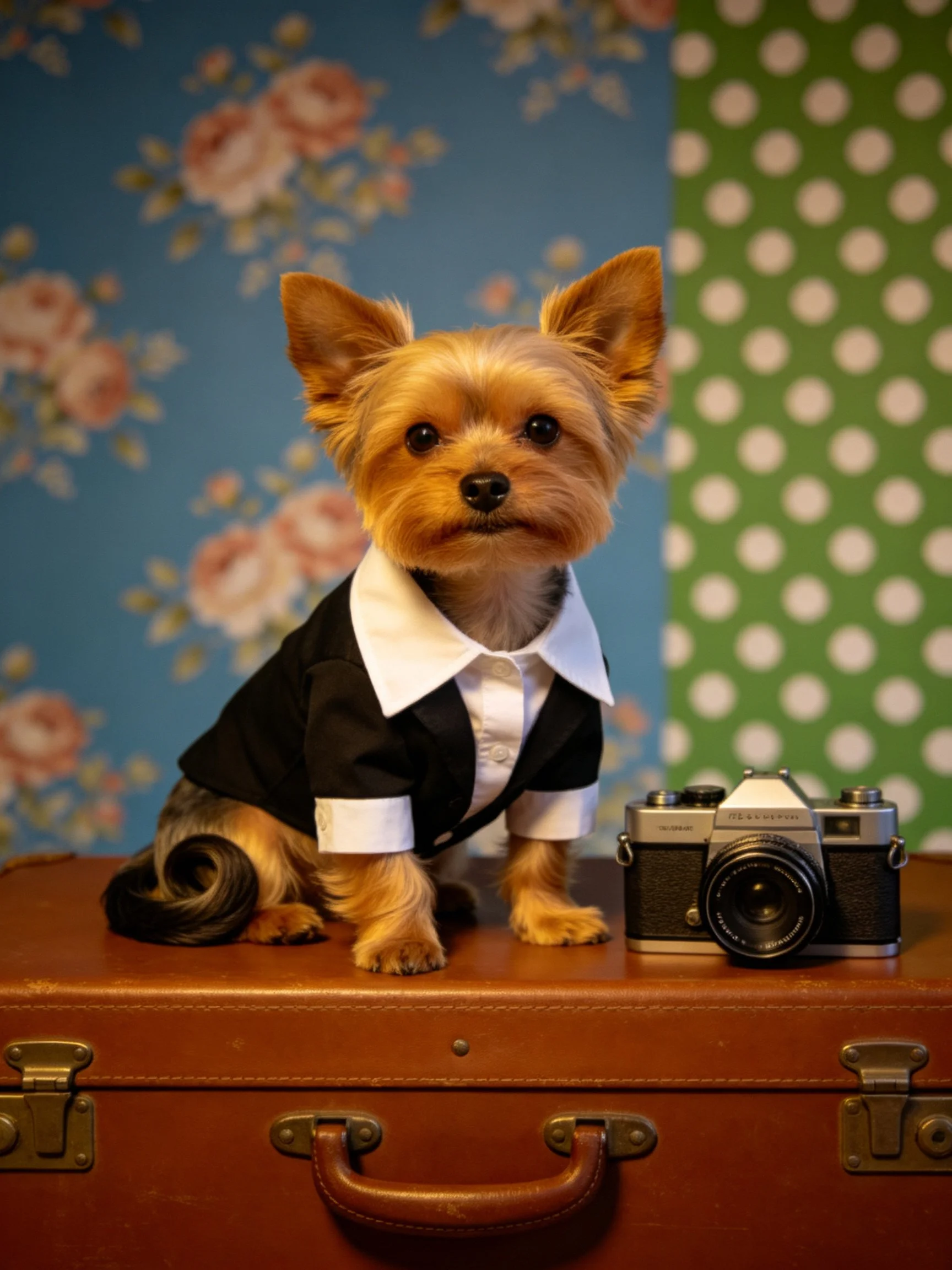 A small dog dressed formally sits on a suitcase near a vintage camera.