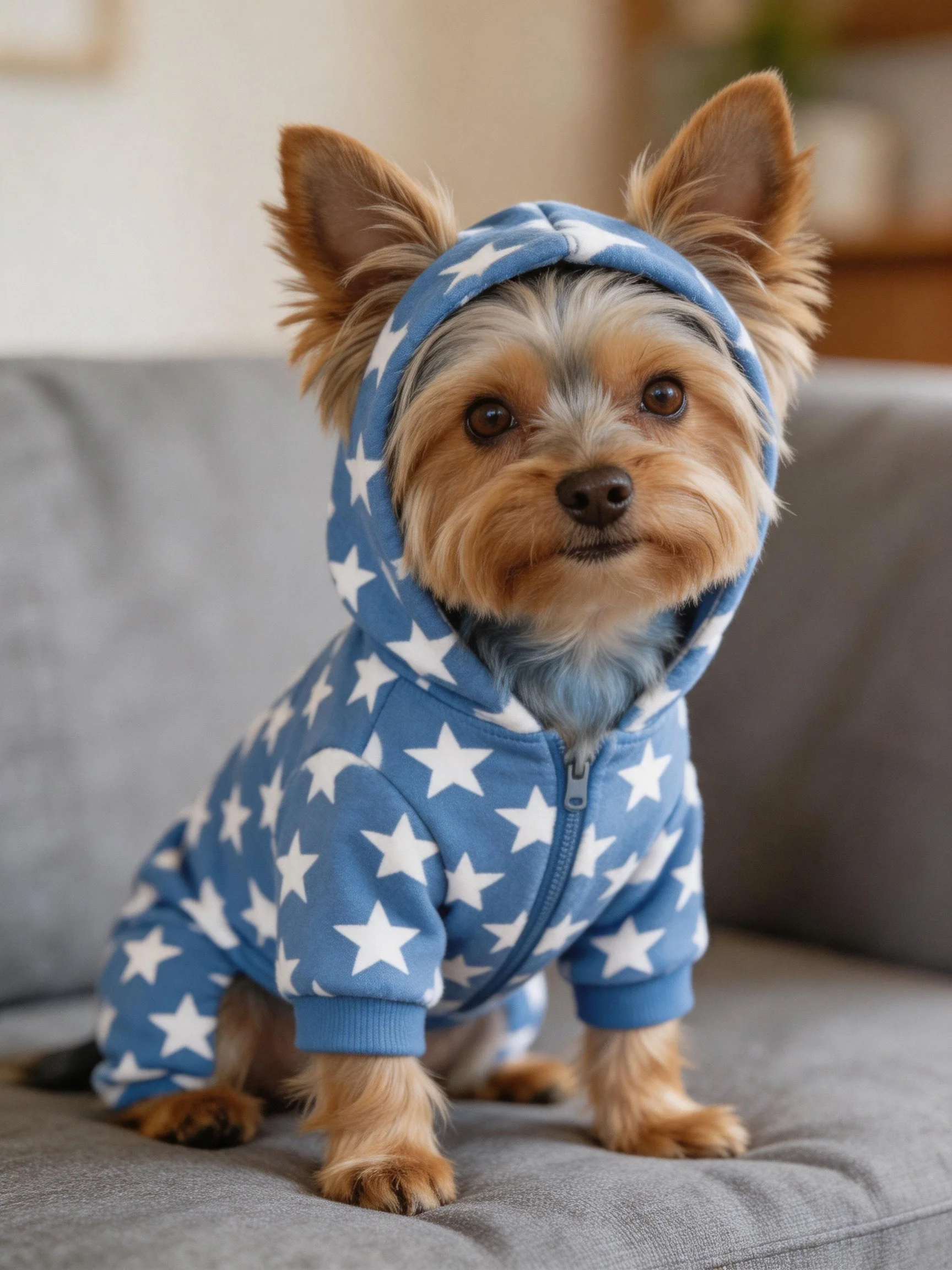 A small dog wearing a blue star-patterned hoodie sits on a gray couch.