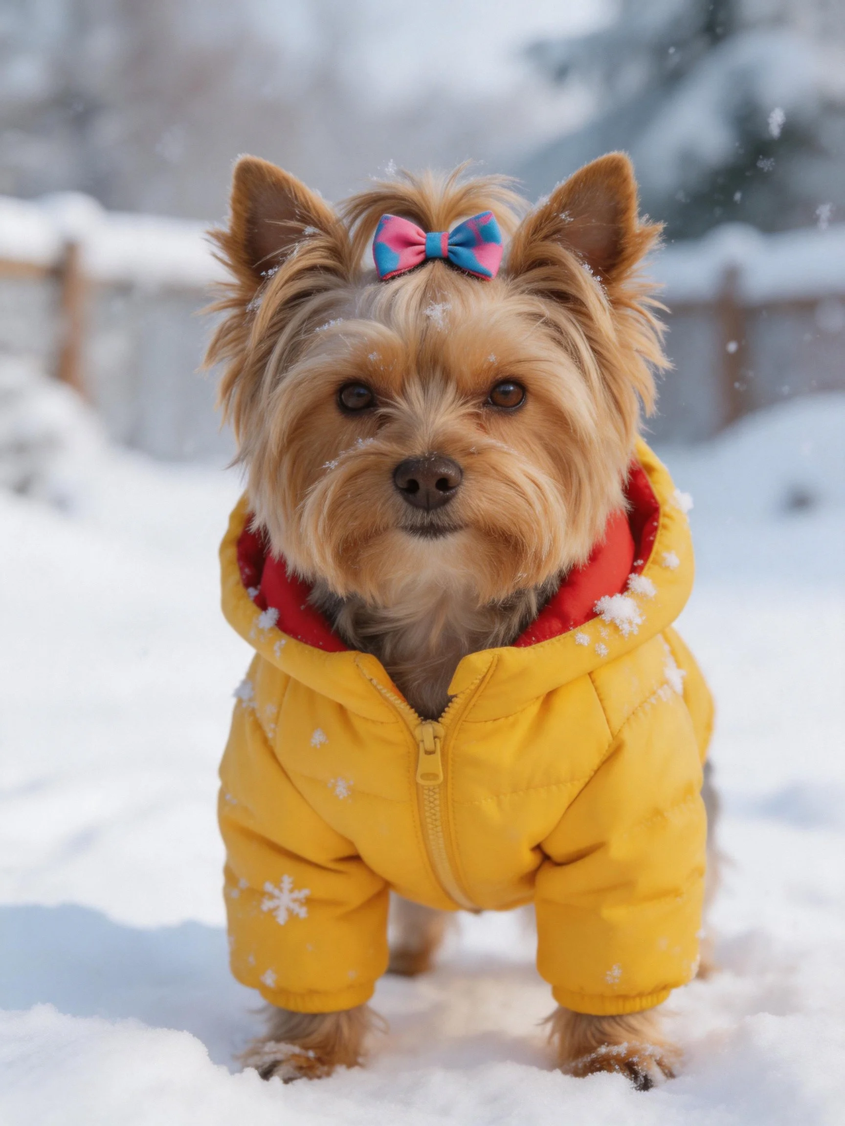 A small dog dressed in a yellow winter coat stands in a snowy outdoor setting.