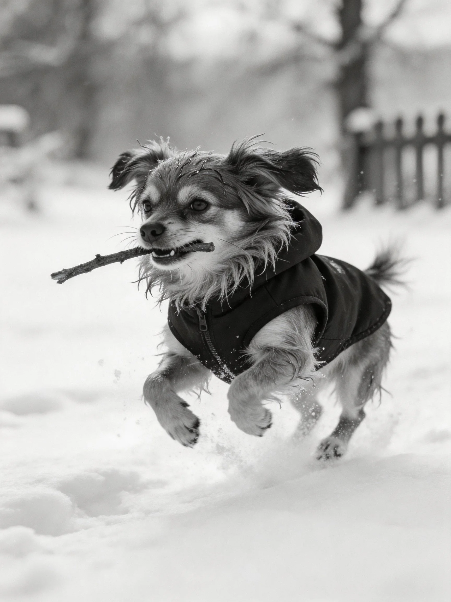 A small dog in a coat runs through snow with a stick