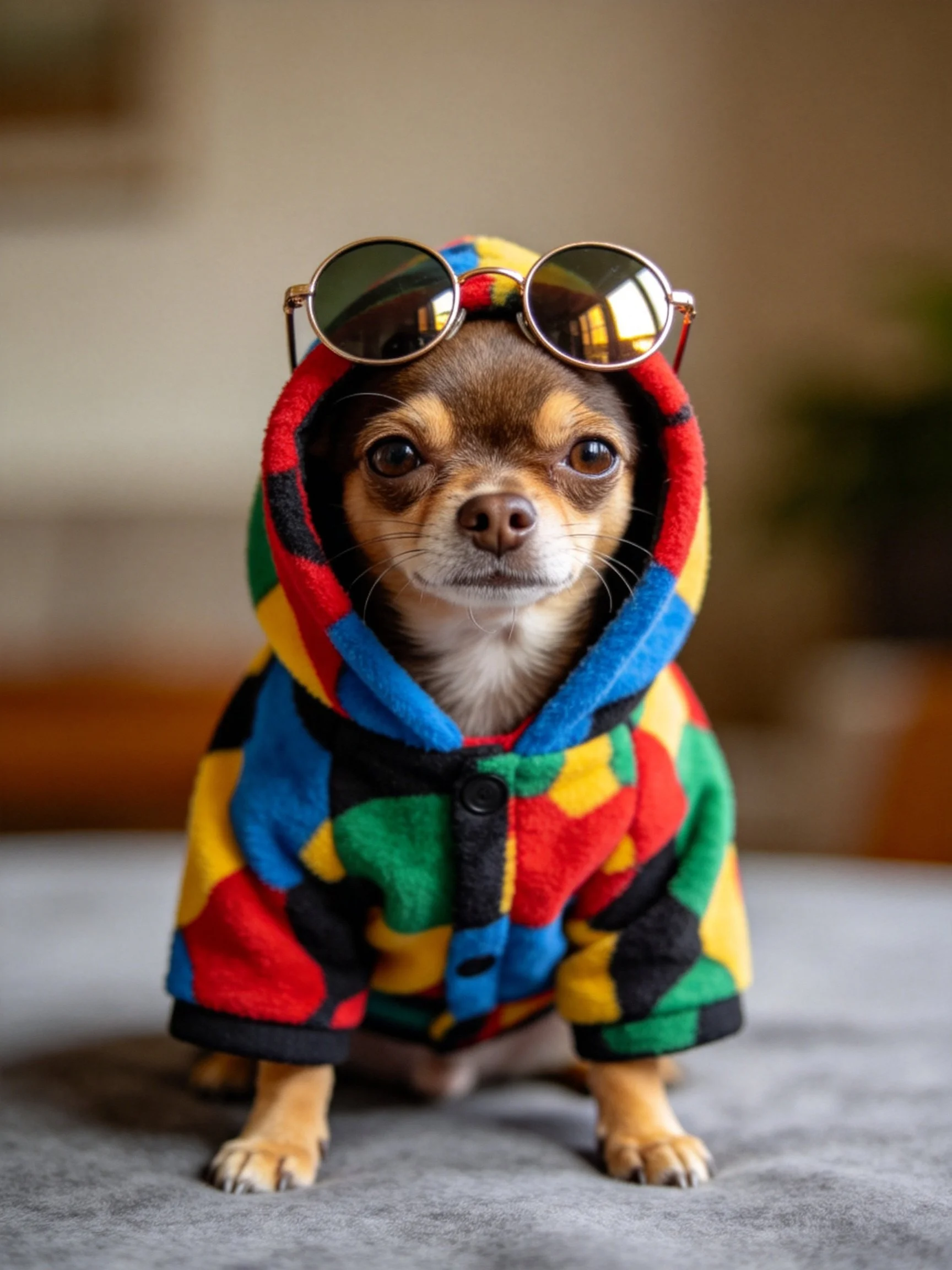 A small dog sits wearing a colorful hoodie and sunglasses.