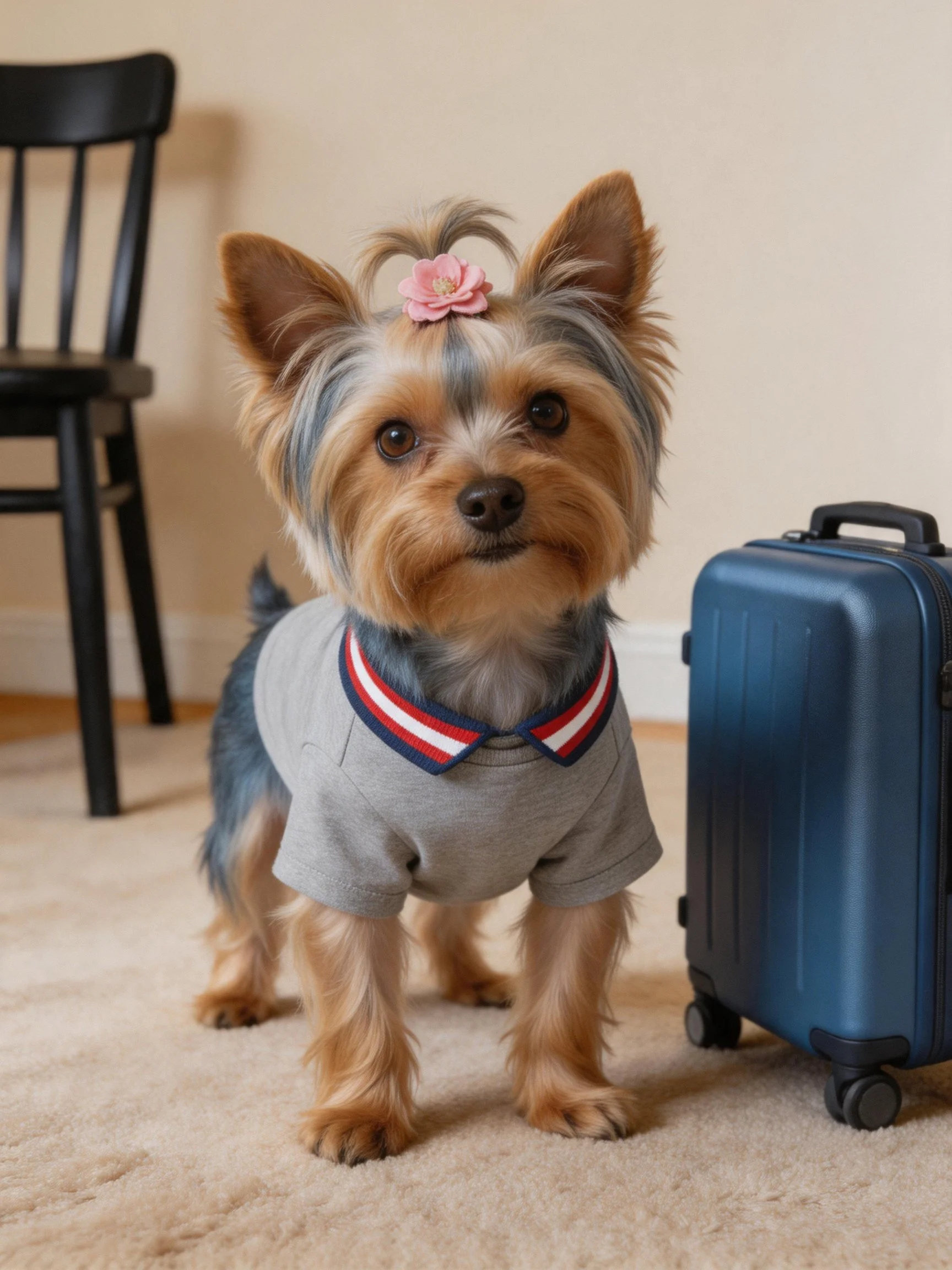 A small dog dressed in a gray shirt stands next to a blue suitcase indoors.