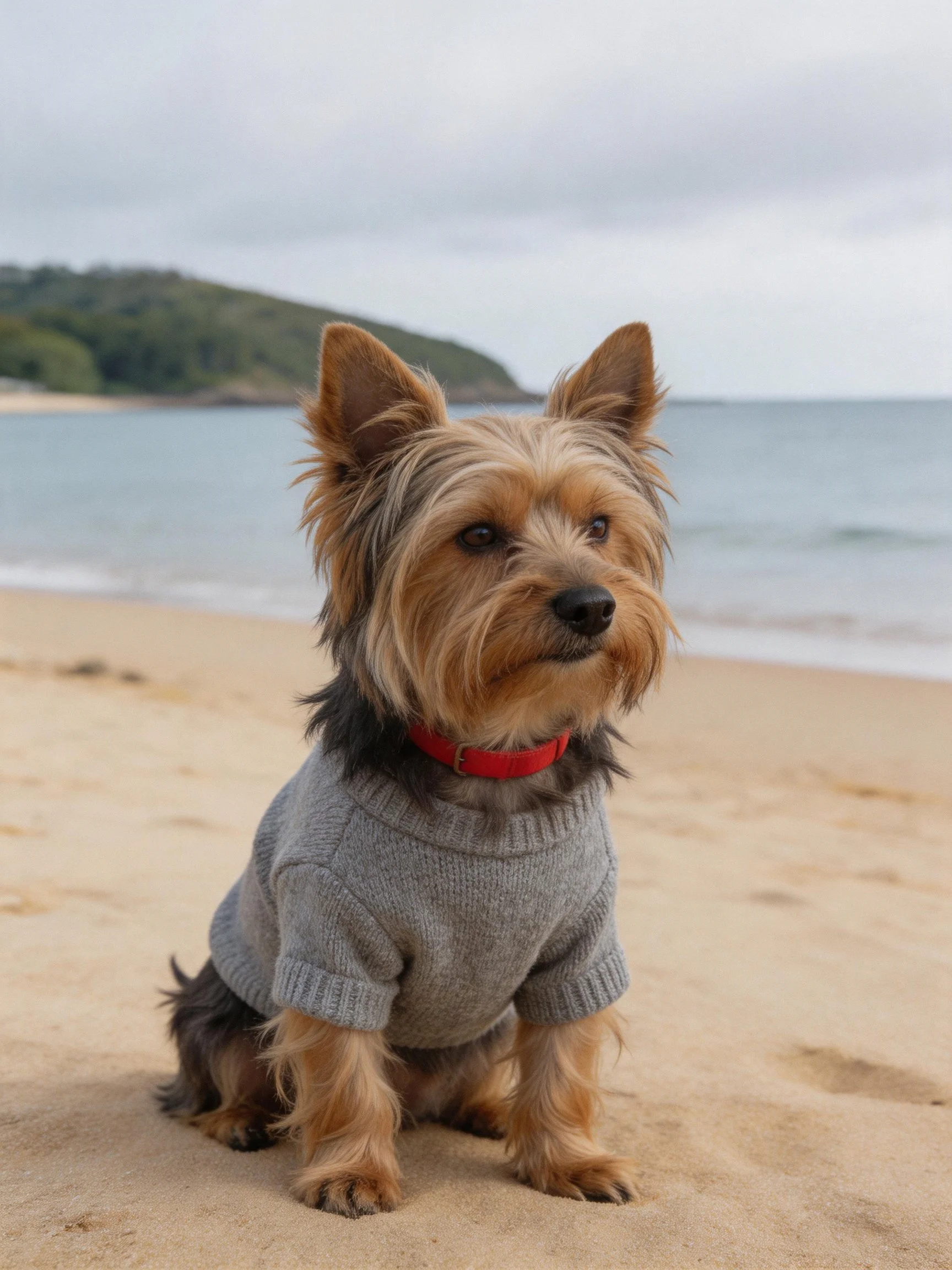A small dog in a gray sweater sits on a sandy beach by the ocean